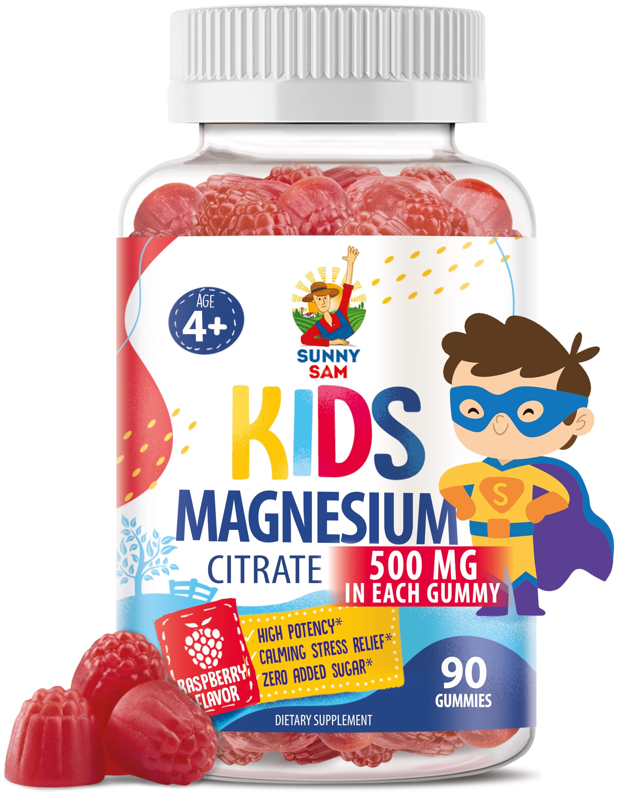 Sugar-Free Magnesium Gummies for Kids & Teens - 500mg Calm Magnesium Citrate - Chewable Magnesium Gummy Supplement for Sleep, Mood & Muscle Support - Citrato de Magnesio para Niños - 90 Gummies