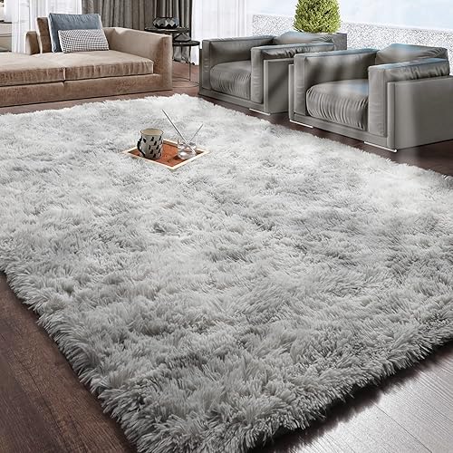 RUGTUDER Alfombra para dormitorio, 3 x 5 pulgadas, teñido anudado, gris claro, suave, esponjosa, alfombra para sala de estar, alfombra peluda para
