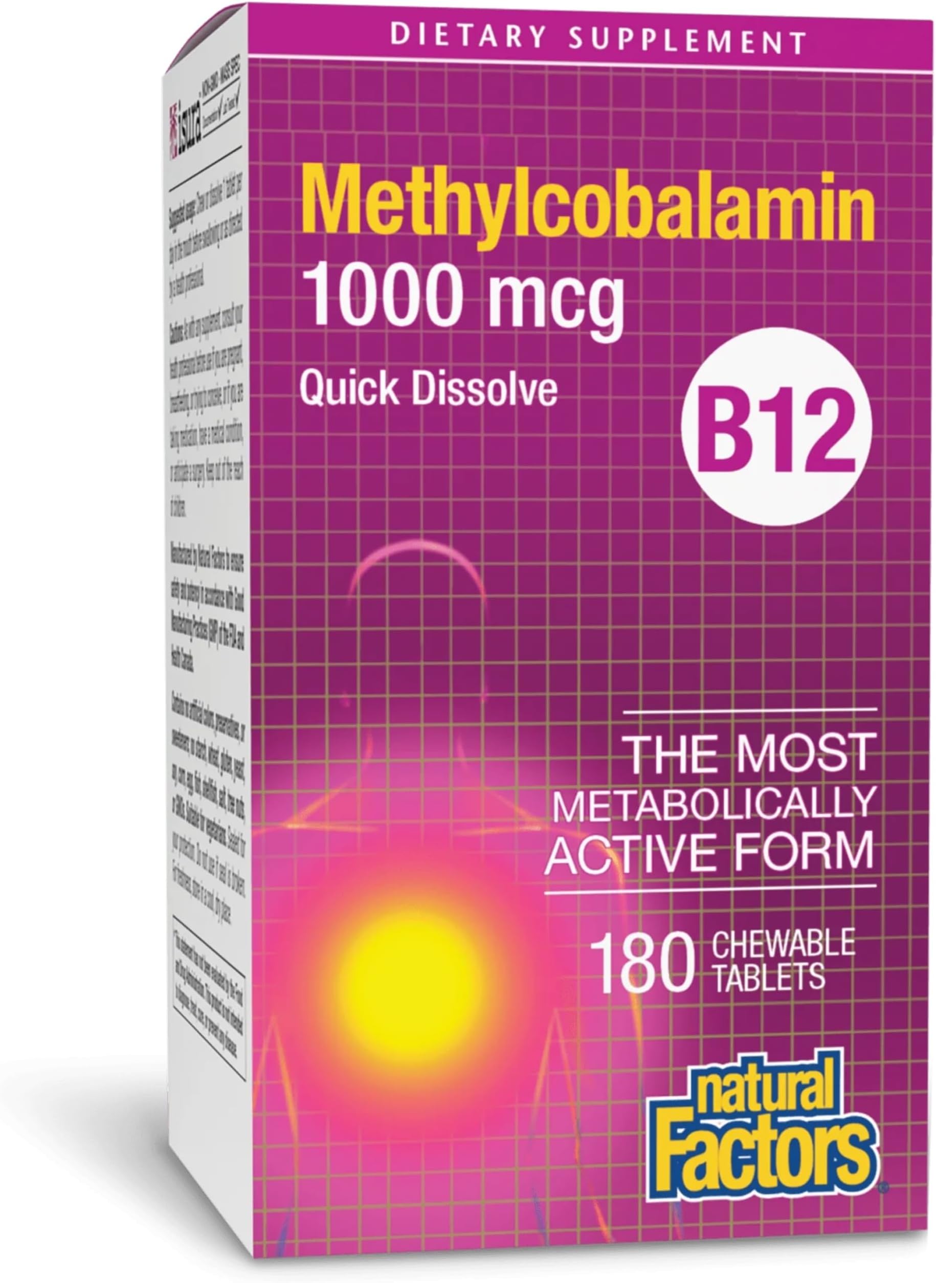 Natural Factors Methylcobalamin 1,000 mcg - Vitamin B12 Supplement in Metabolically Active Form - Supplement Supports Cll Formation & Energy Production - 180 Chewable Tablets (180 Servings)