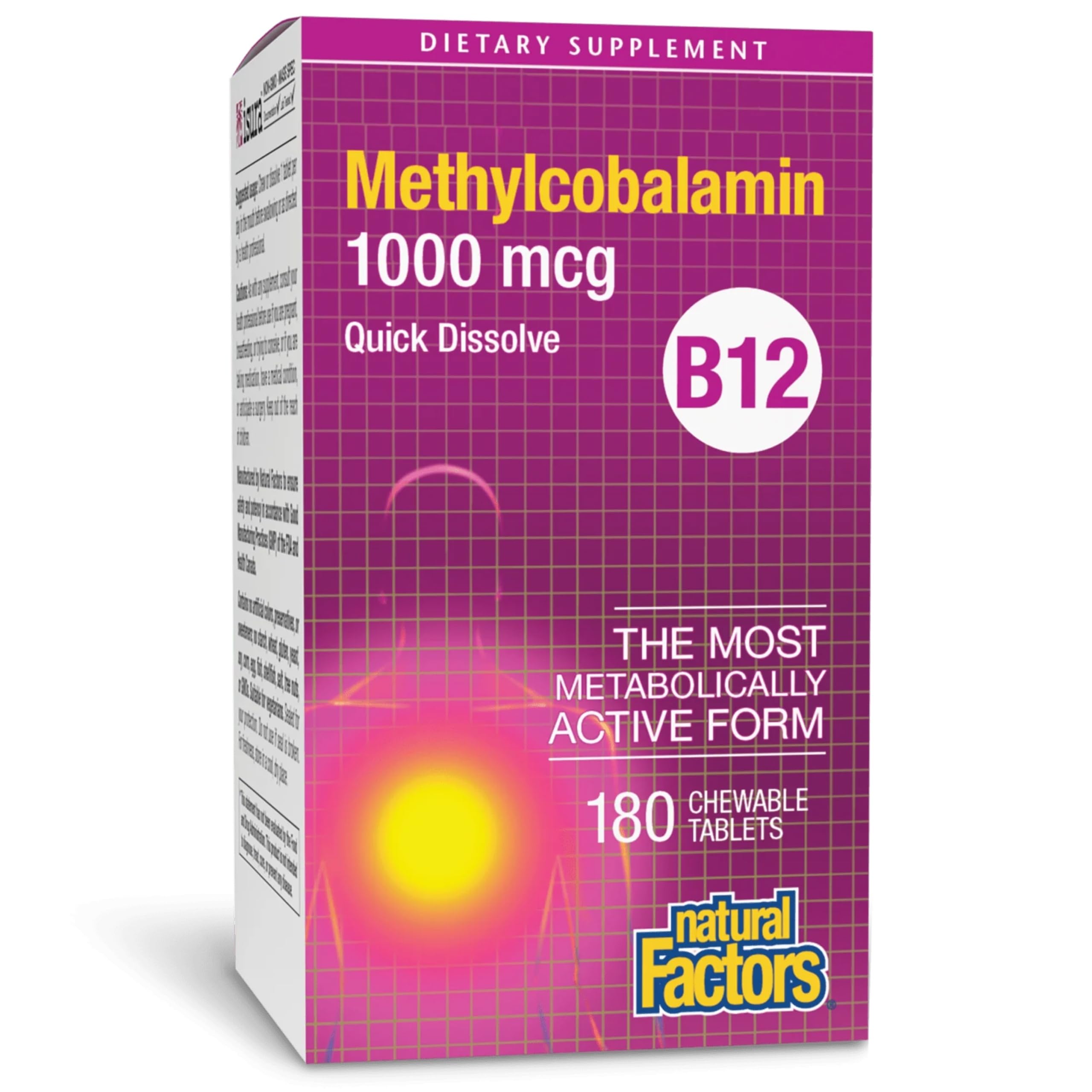 Natural Factors Methylcobalamin 1,000 mcg - Vitamin B12 Supplement in Metabolically Active Form - Supplement Supports Cll Formation & Energy Production - 180 Chewable Tablets (180 Servings)