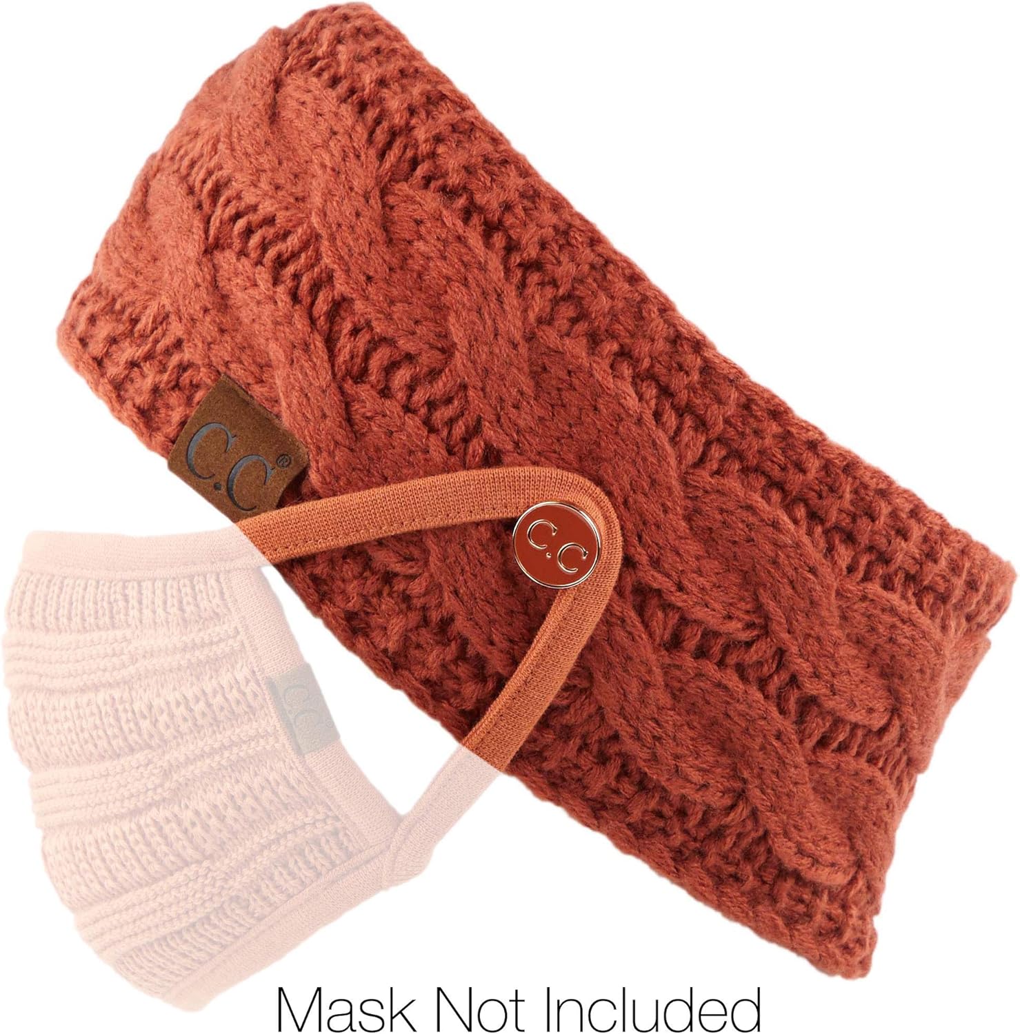 C.C Winter Fuzzy Fleece Lined Thick Knitted Headband Headwrap Epoxy Button for Face Masks (BHW-1) (A Button Cinnamon) - Image 2