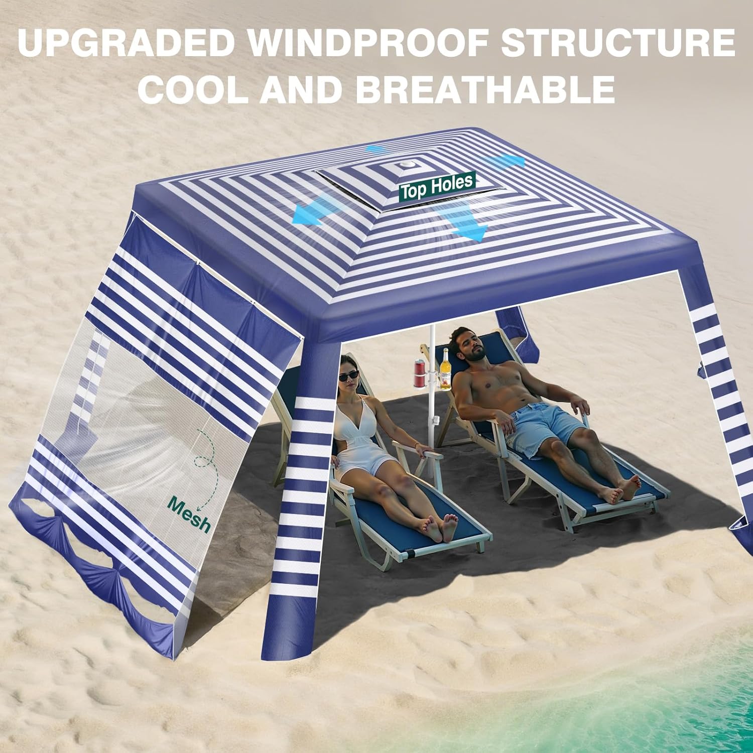 rhino valley beach cabana, 8 * 8ft beach tent upf50+ protection, easy setup beach canopy wind resistant with cup holder, compact beach shade foldable beach tent sun shelter, blue stripes