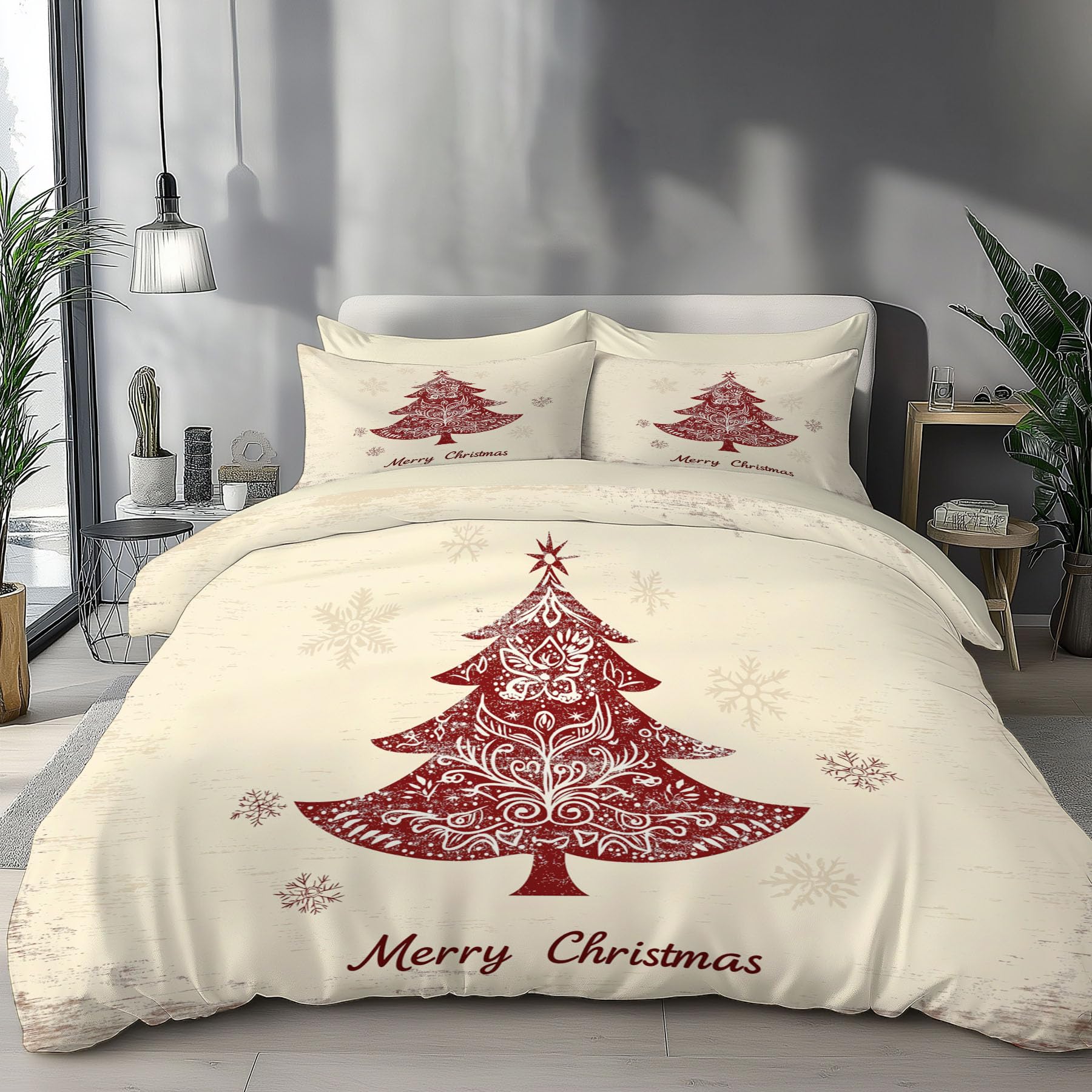 Housse de Couette Décor de Chambre de Noël Rouge et Beige 220x240cm Parure de Lit