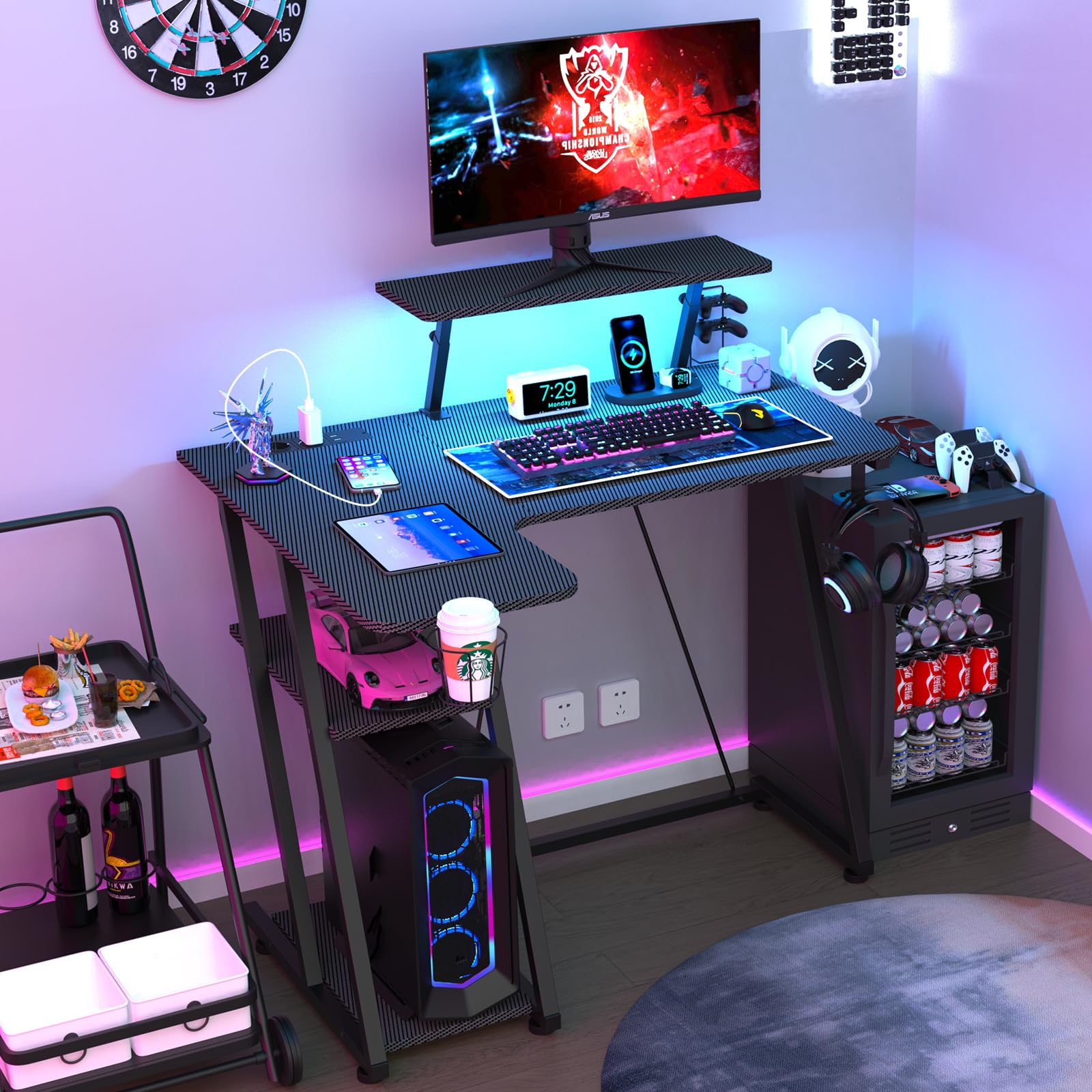 Bureau Gaming LED 100x80 cm, Table Gamer avec Rangement, 2 Prises Electriques et 2 Ports USB