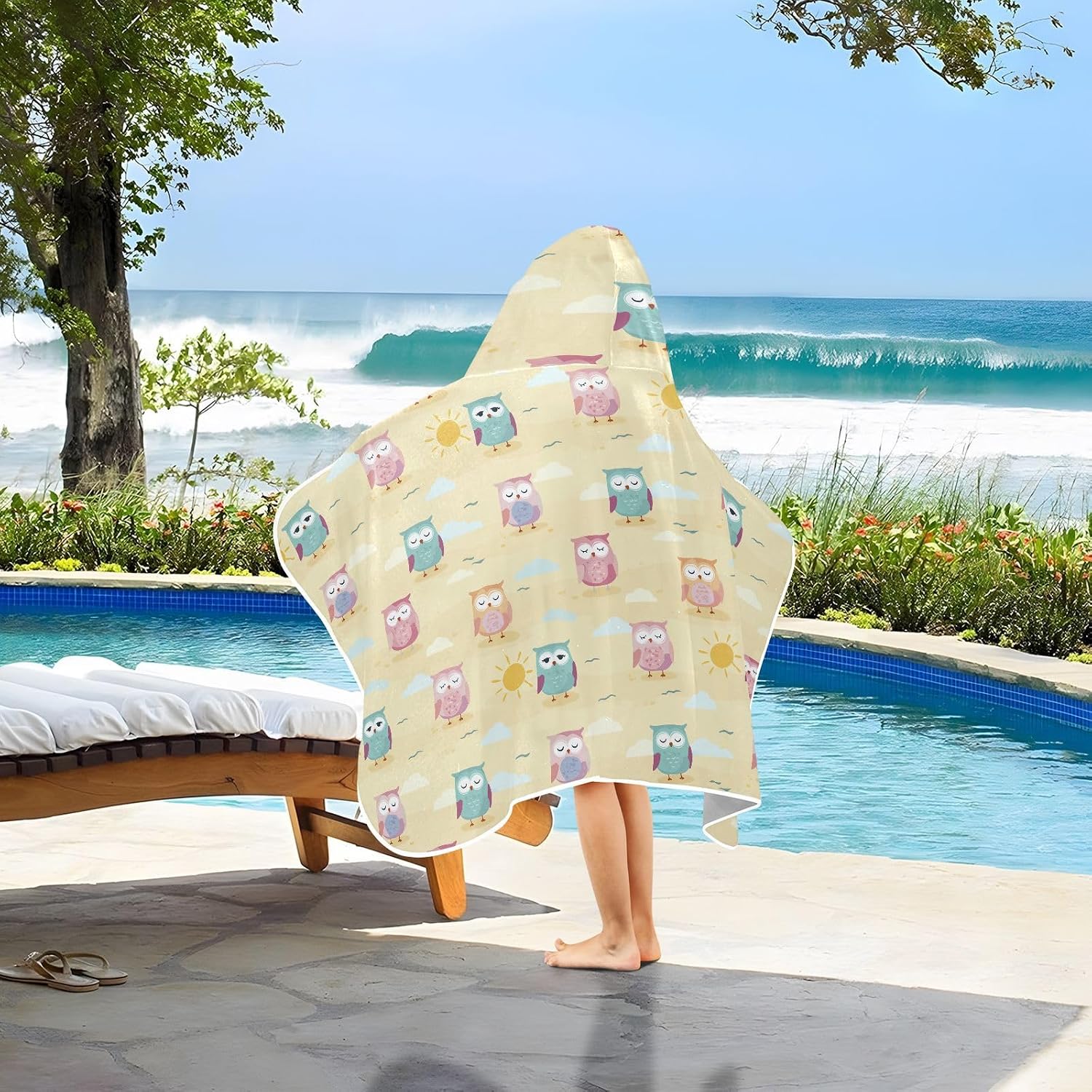 Bath Towel with Hood Cute Cartoon Beach Owl Yellow Hooded Towels for Kids Soft