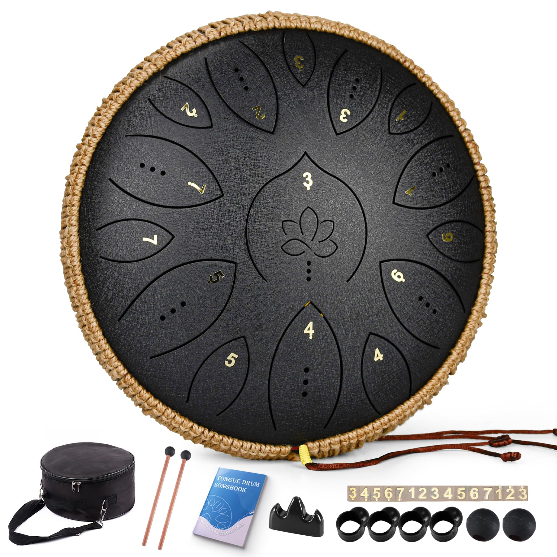 Steel Tongue Drum 13 Inches 15 Notes, Hand Pan Drums for Adults 440hz, C Major Handpan Musical Instrument with Song Book, Mallets and Carry Bag, Black