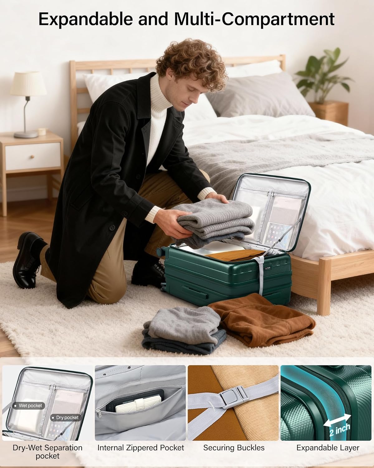 Hanke 24 Inch Expandable Luggage Top Opening Checked Bag Luggage Hard Shell Suitcases with Wheels Lightweight Travel Luggage Medium Suitcase with Lock for Woman Men-Blackish Green - Image 6