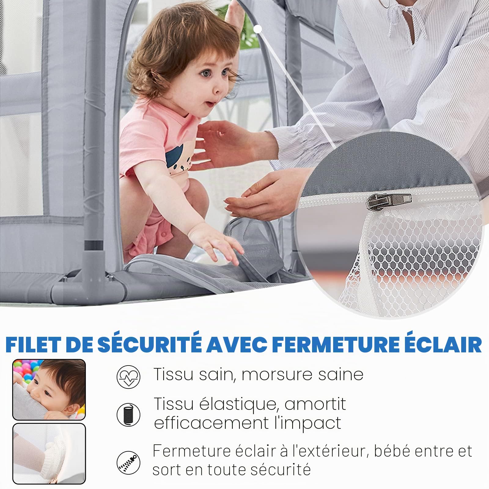 NAIZY Parc pour bébé XXL - Gris - Avec base antidérapante et filet respirant - Pour enfants - Pour l'intérieur et l'extérieur - 200 x 180 x 68 cm