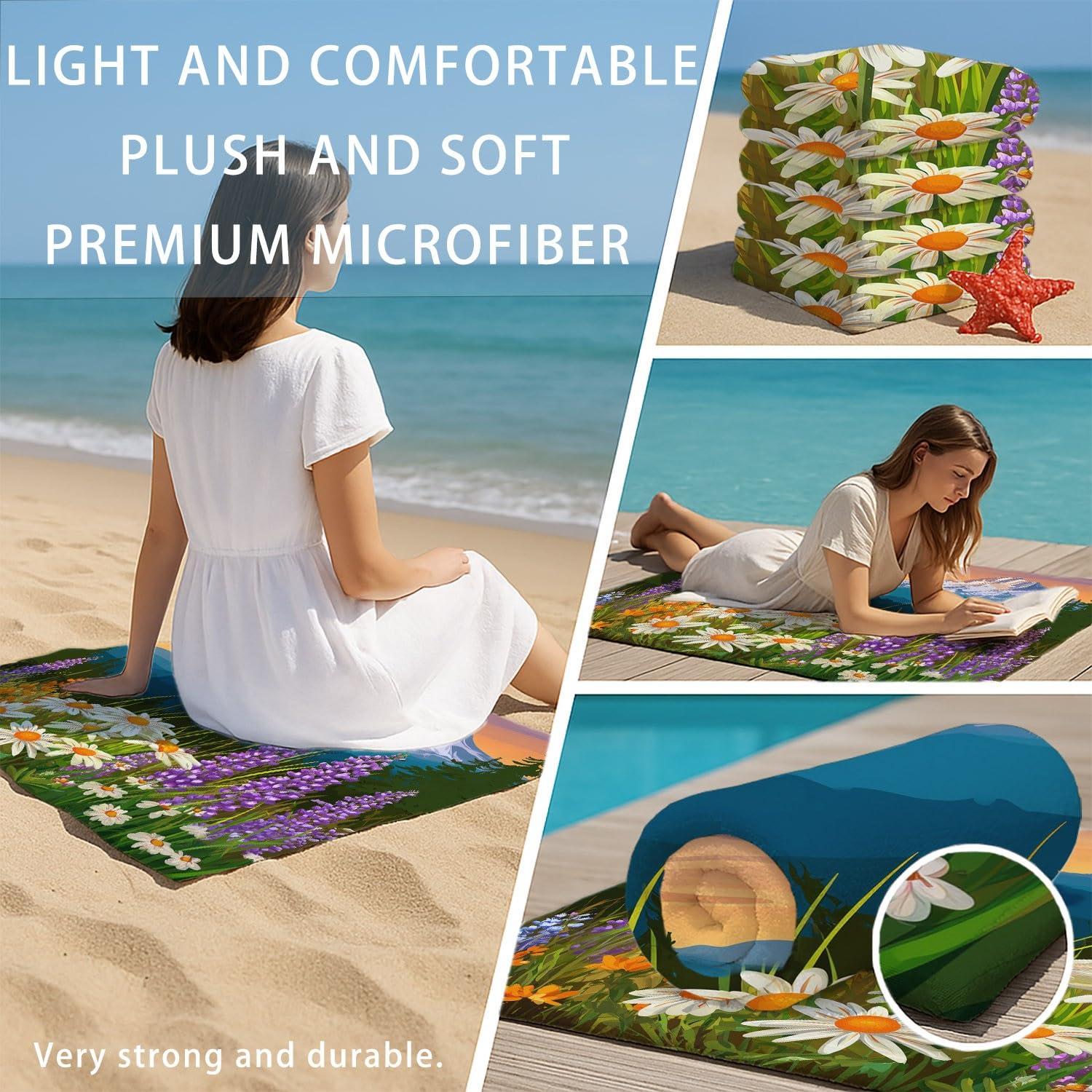 Microfaser Strandtuch 230 x 210 cm - Reisehandtuch Schnelltrocknend Romantisch, Realistisch, Natur, Himmel Strandtuch Berggipfel, Wald, Gänseblümchen, Gras für Campen, Picknick, Ausflüge