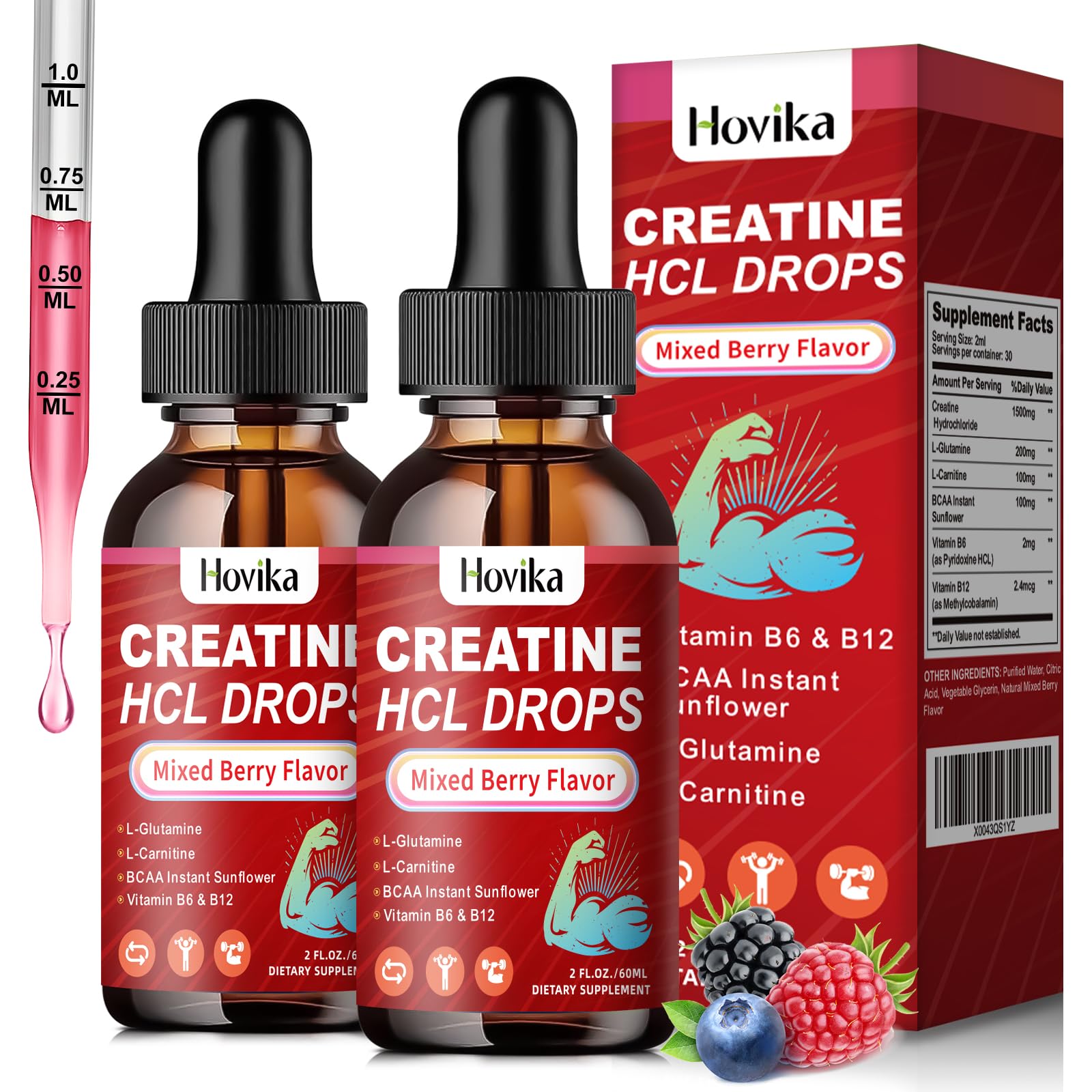 Creatine HCL Liquid Drops for Men & Women, Creatine Hydrochloride with L-Carnitine, L-Glutamine, BCAA, Vitamin B12 & B6 for Muscle Growth & Recovery-Vegan, Mixed Berry Flavor Flavor, 4 Fl Oz