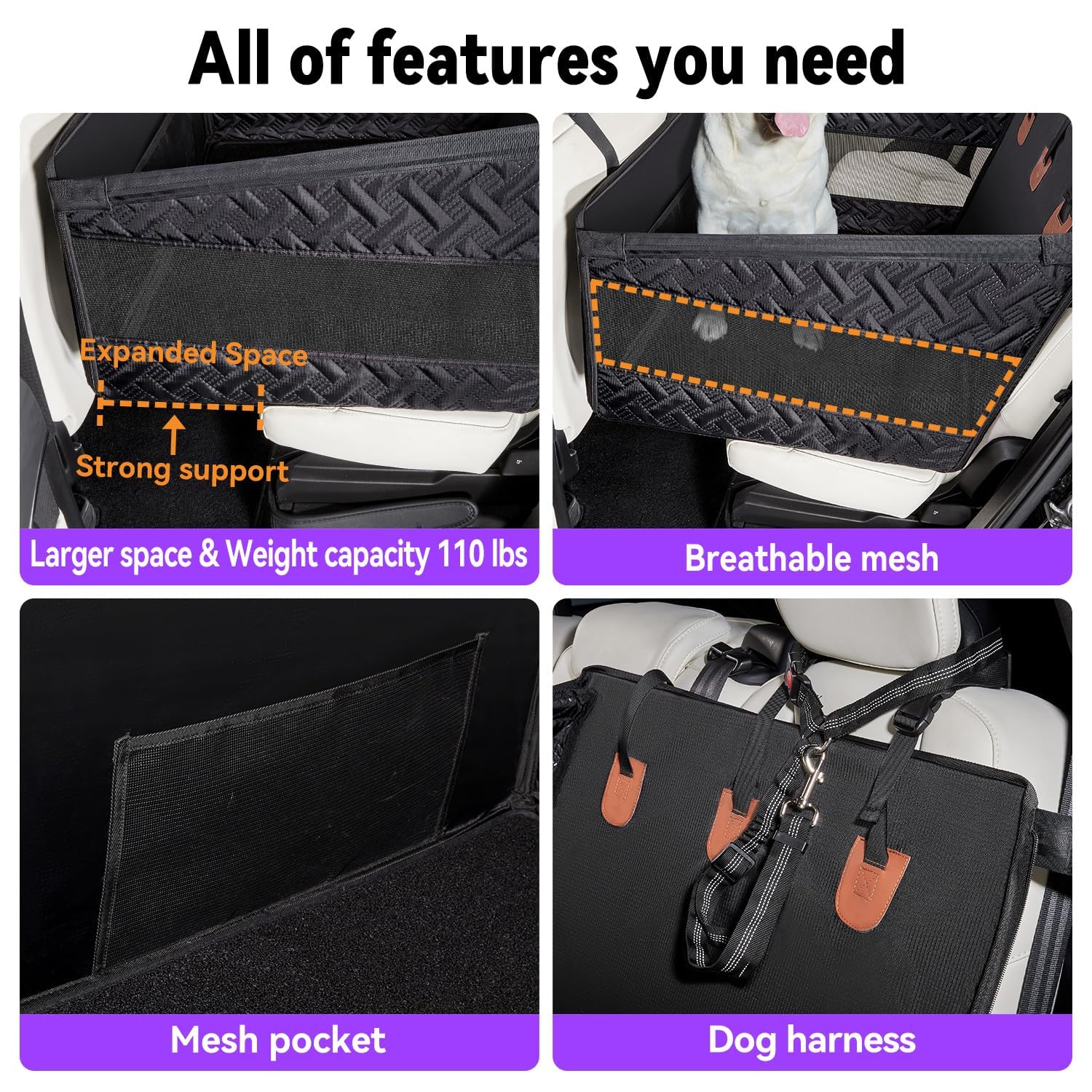 Asiento para Perros, Apto para Perros Grandes y medianos, Plegable, Lavable, Impermeable, Reforzado con Ventanas de Malla, Cinturones de Seguridad,Compatible con Todos los vehículos