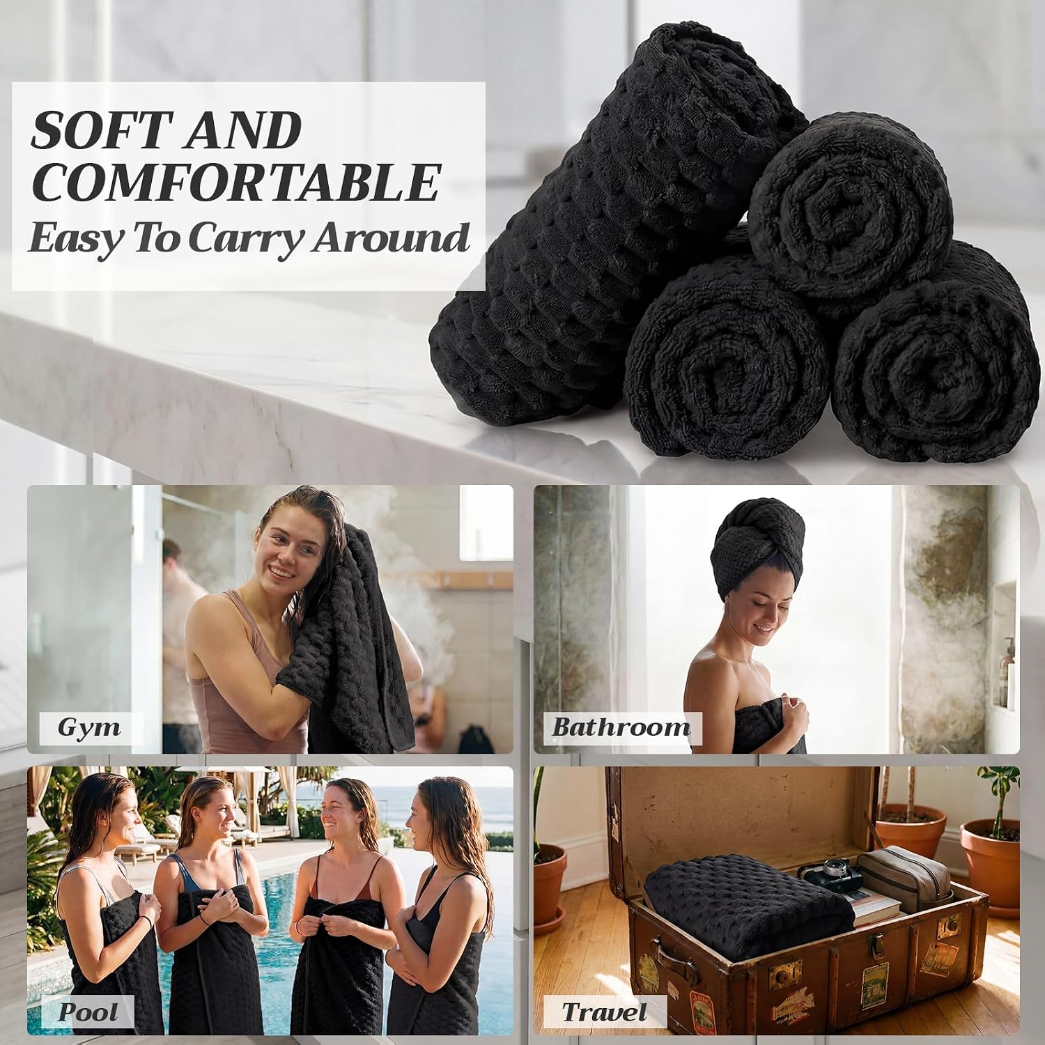 4 Pcs Microfiber Bath Towel set 27'' x 55'' Large Dorm Towels,Black | Soft Absorbent Quick Dry, Colorful Sheet with Hang Loop, Plush Fluffy Bathroom Towel, for Halloween Adults Spa Gym