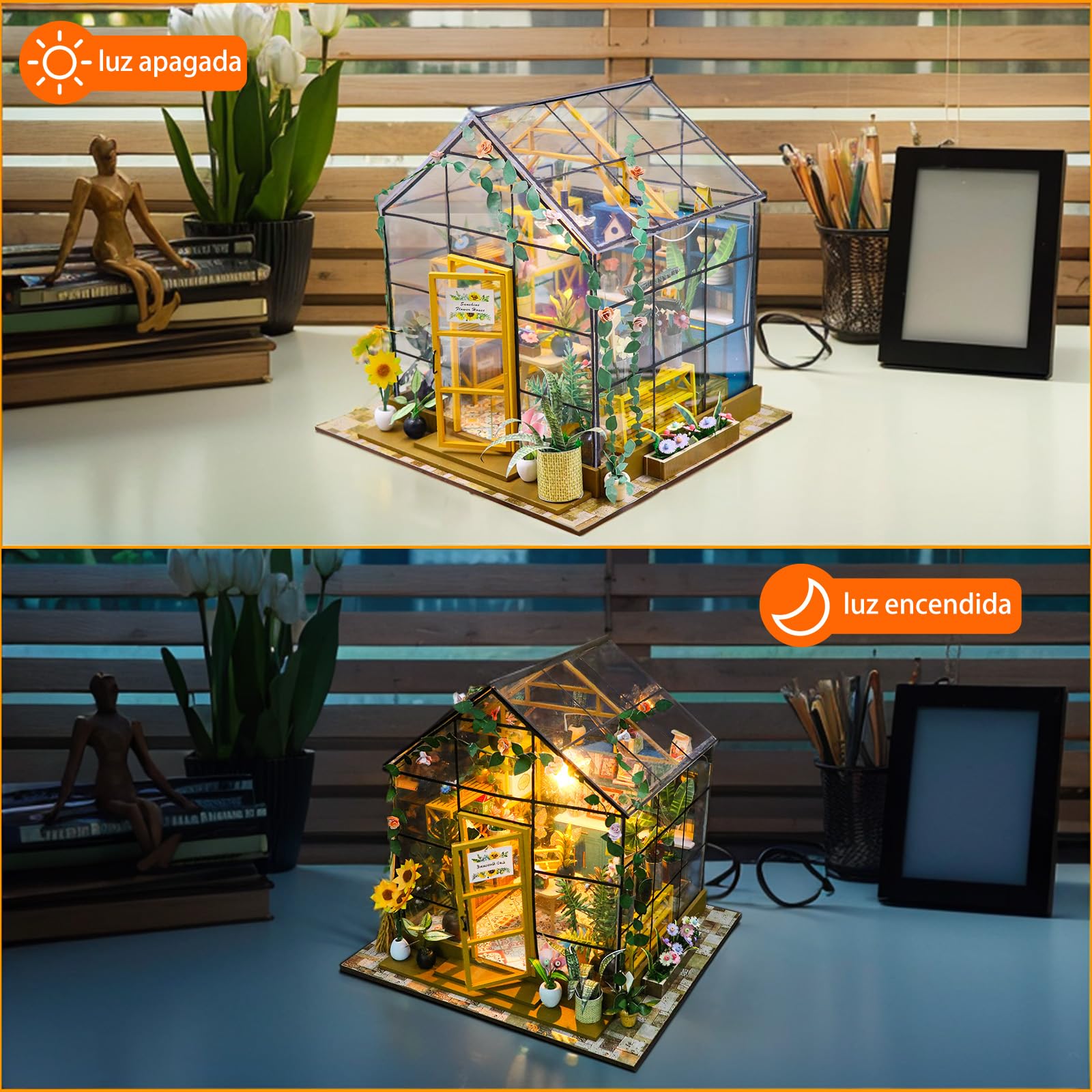 JONRRYIN DIY Miniature House, Casa Miniatura para Montar, Modelo de Invernadero con Lámpara LED e Instrucciones, casita de Madera Miniatura para Decoración del Hogar Regalos Creativos (A)
