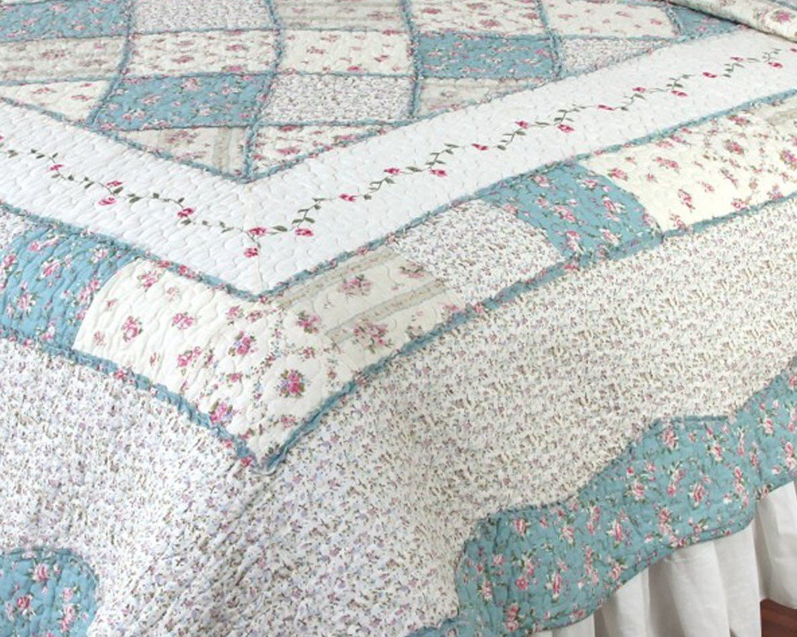 Elegant Decor Ashley Blue Cotton Foral Patchwork Quilt Collection (Super King Quilt 118
