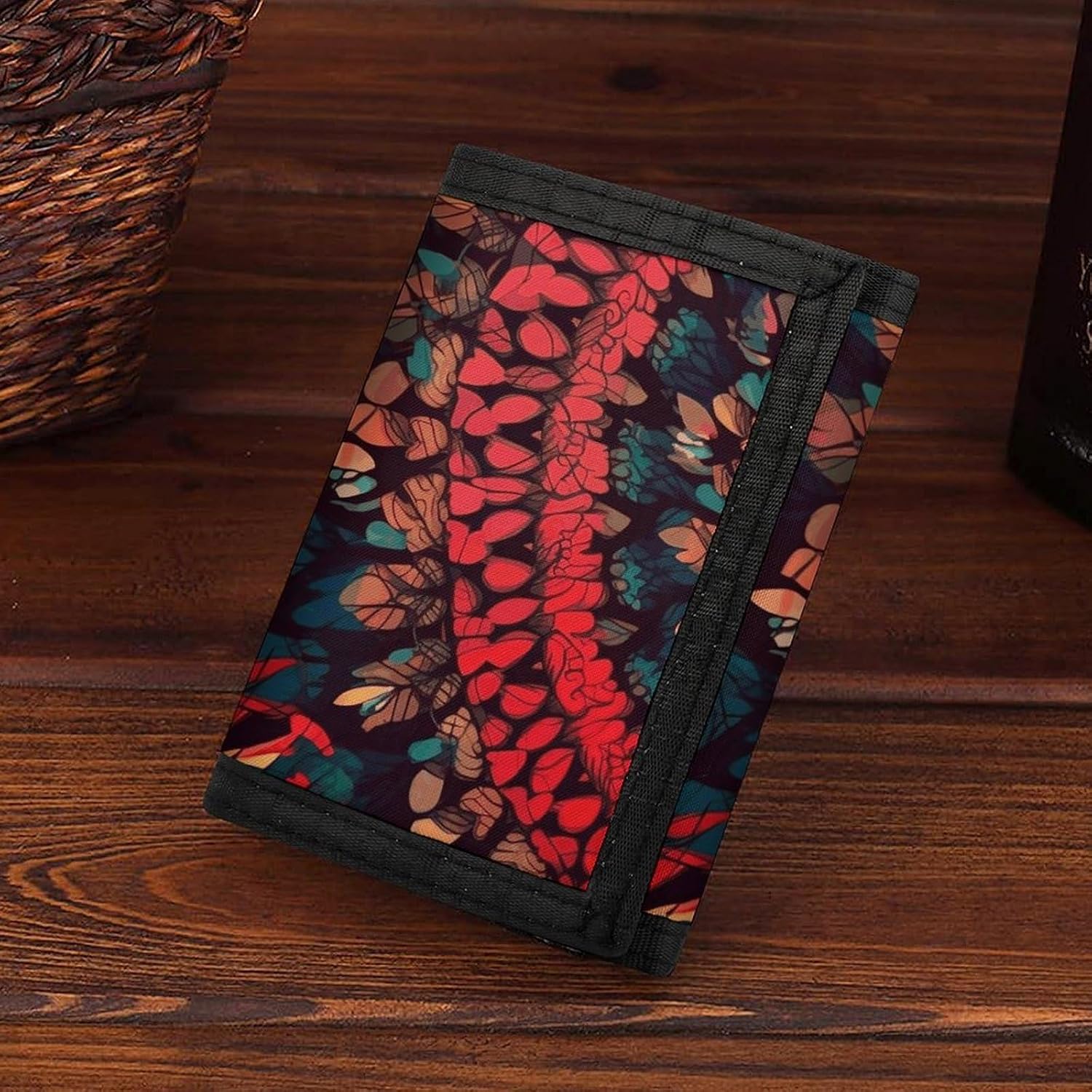Colorful Abstract Red Flowers Trifold Wallets Slim Wallet Novelty Pocket Purse Multiple Card Slots Outdoor Travel Wallet Stylish Durable Wallets For Men Women