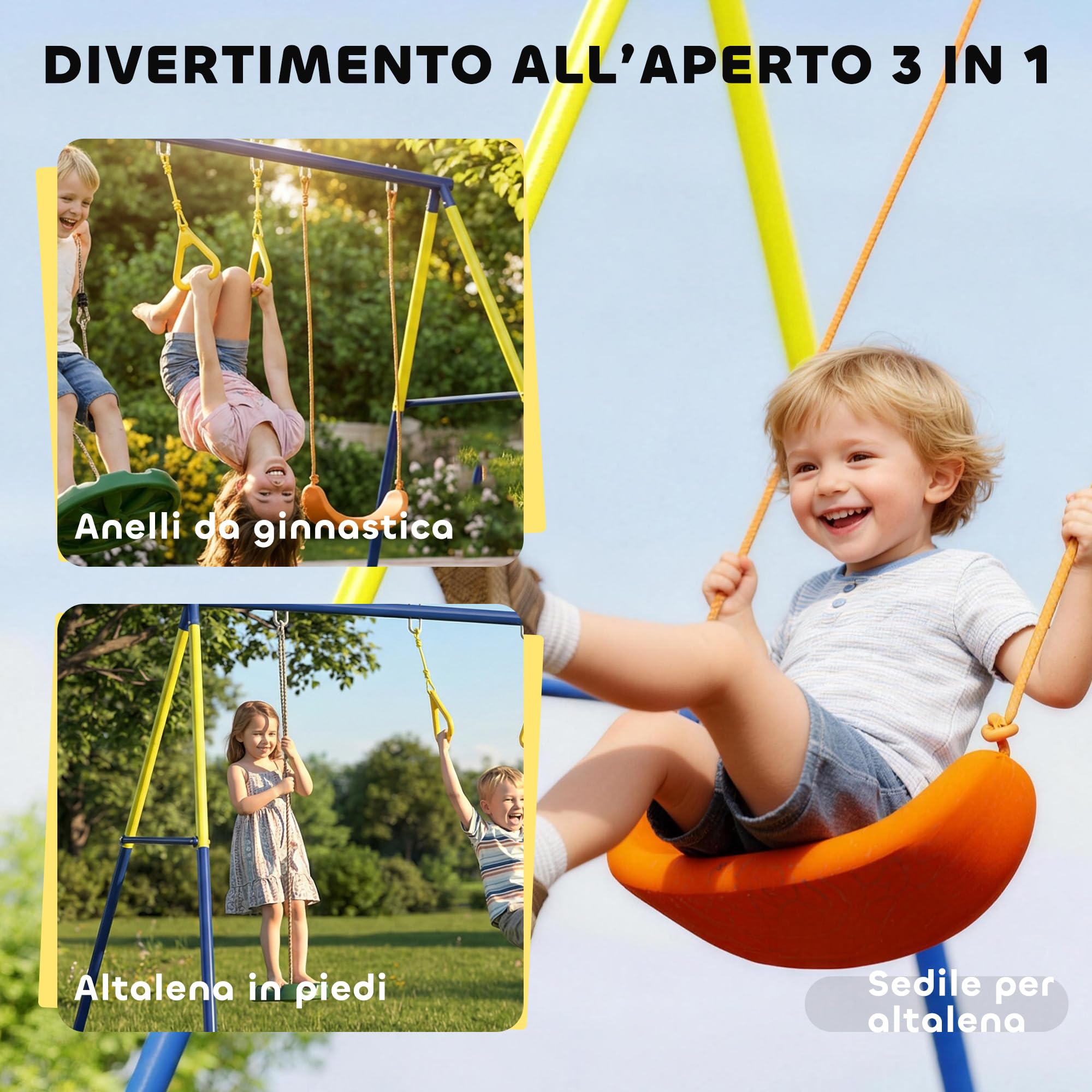 AIYAPLAY Set Altalena da Giardino 3 in 1 per Bambini con Altalena in Piedi, Anelli da Ginnastica, Telaio A in Acciaio, Altalene Doppie per Bambini, Capacità 150kg, Esterno, 3-8 Anni, 285x160x181 cm