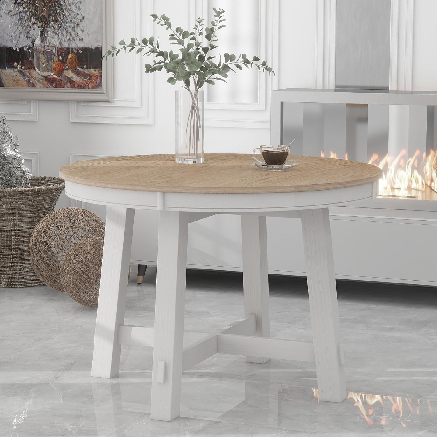 Merax Round Wood Dining Table, Farmhouse Round Extendable
