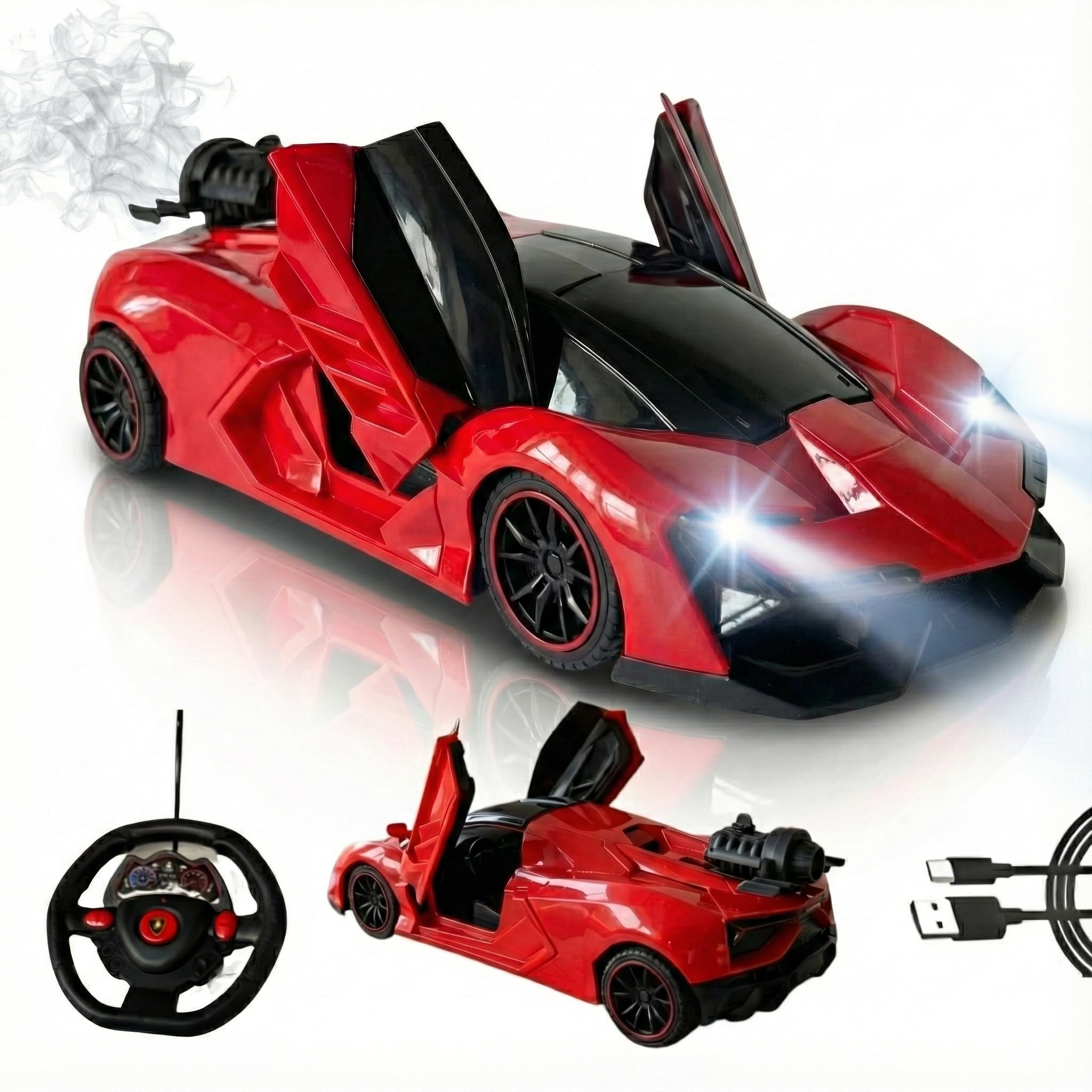 DEVKI EXIM Lamborghini Remote Control Car for Kids (Red) | Sports Racing Toy for Boys | Door Opening & Rechargeable | Big Size | High Speed RC Car with Smoke | Type-C Charging | LED Headlights-image-5