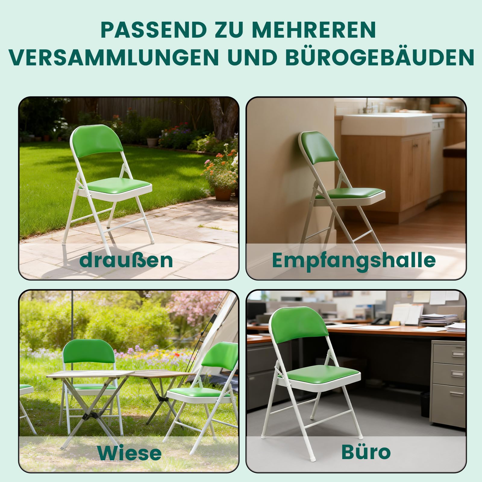 Klappstuhl 4er Set mit PU-Leder & Gepolstert Polsterung, Stabiler Metallrahmen, Leicht & Platzsparend, für Büro, Zuhause, Events Indoor Outdoor(4, Grün)