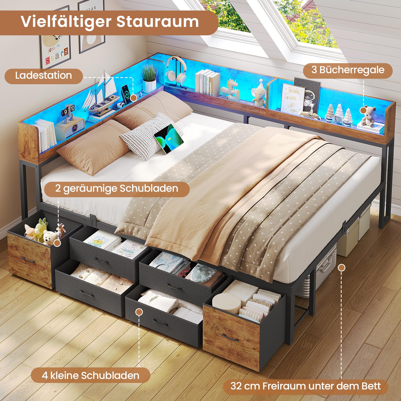 Bett 140x200 mit Stauraum Schlafsofa mit Integriertem Bücherregal & 6 Schubladen,Jugendbett mit LED-Beleuchtung & Ladestation Gästebett Tagesbett Bettgestell mit Lattenrost(Vintage Braun, 140x200cm)