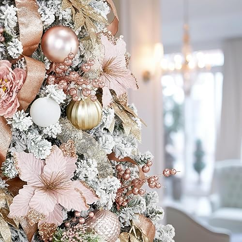 Miniatura 6 de WBHome Árbol de Navidad artificial preiluminado de 5 pies con 200 luces LED y adornos enchufables, decoraciones de Navidad temáticas de oro rosa