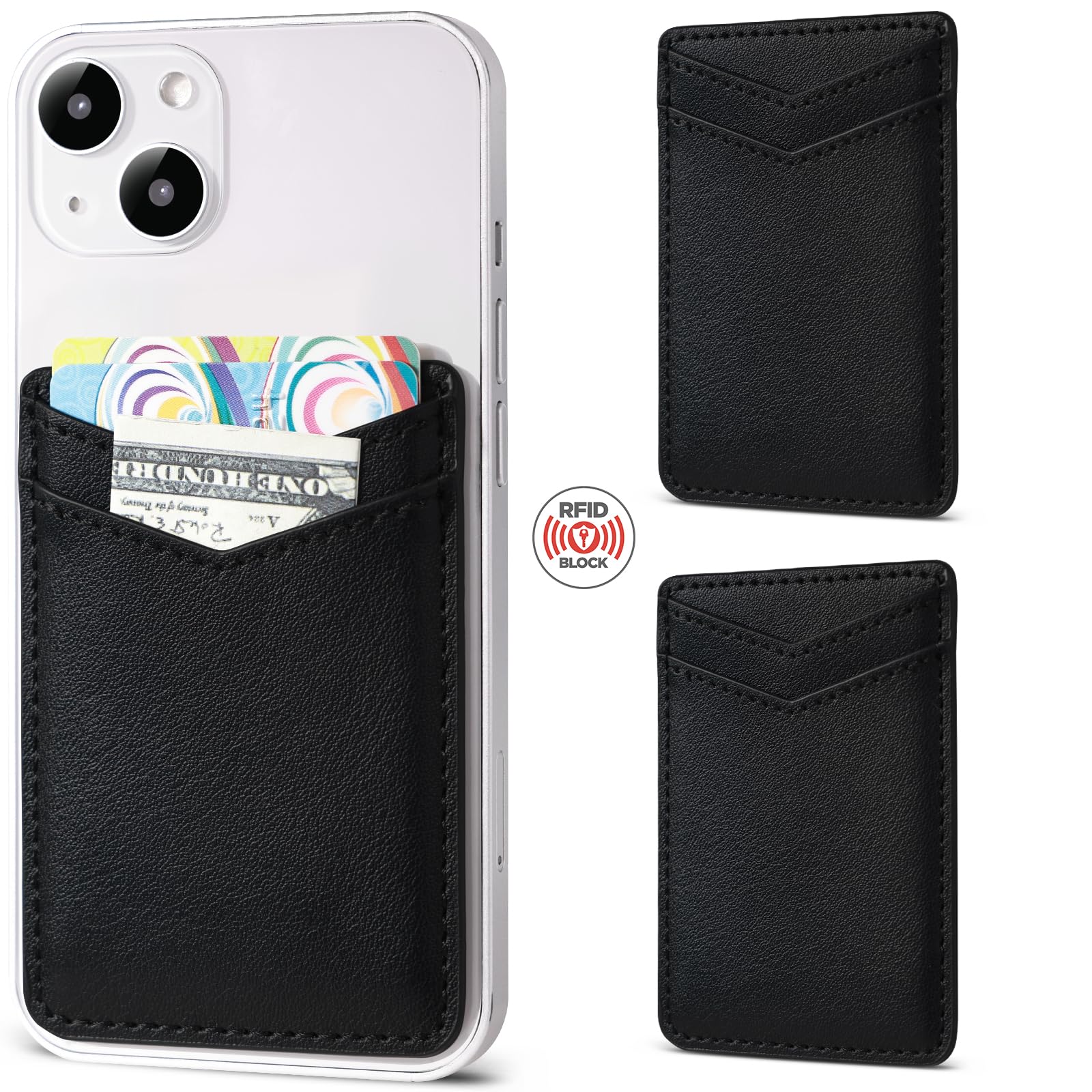 2Pack Leather Phone Wallet Stick on, Sticky Back of Phone Card Holder, Credit Card Holder for Phone Case Stick on - Black