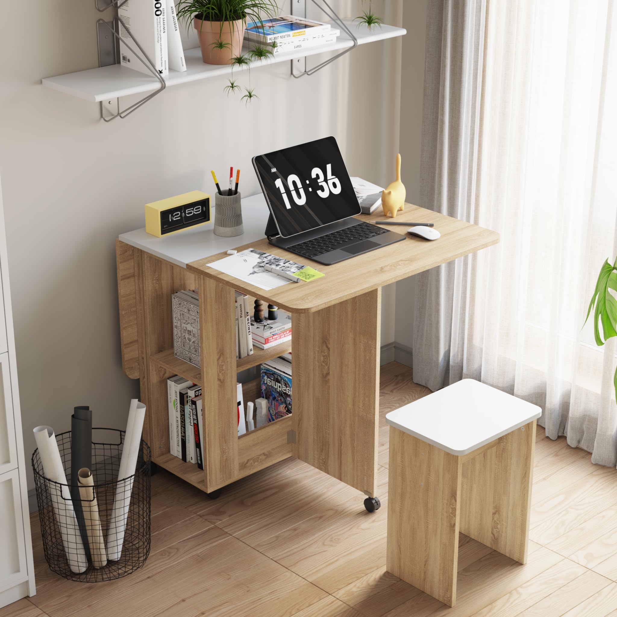 Mondeer Essgruppen, Klappbarer Esstisch mit 4 Stühlen, Esstisch Set mit Rollen und 2 Offenen Ablagen, für Kleine Räume Esszimmer Küche, 120 x 80 x 80 cm, Eiche und Weiß