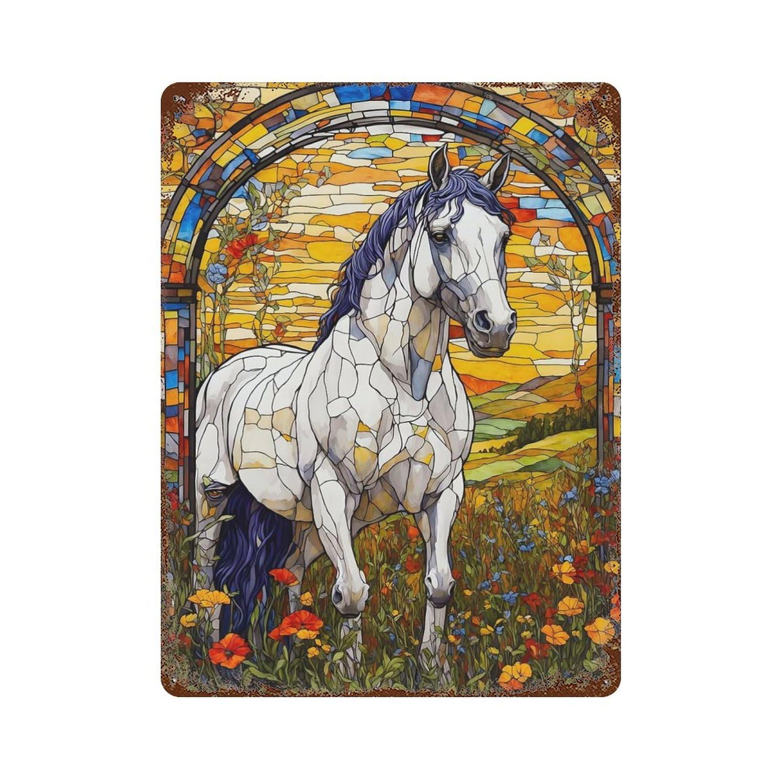 White Horse Rust Effect Tin Sign 15.7"x11.8", Rustic Home Decor for Garage, Pub Or Kitchen