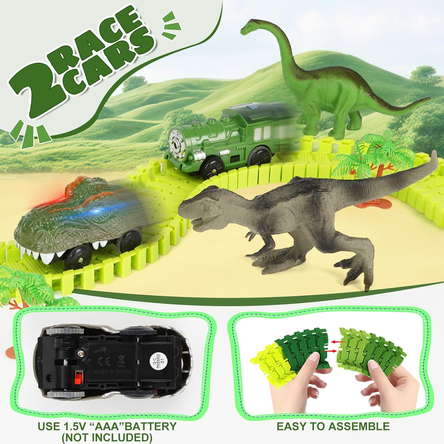 Flexible Dinosaur World Road Race, 277 PCS Dinosaur Race Car Track Set, Dinosaur Track Toys, for 3 4 5 6 7 Year & Up Old Boys