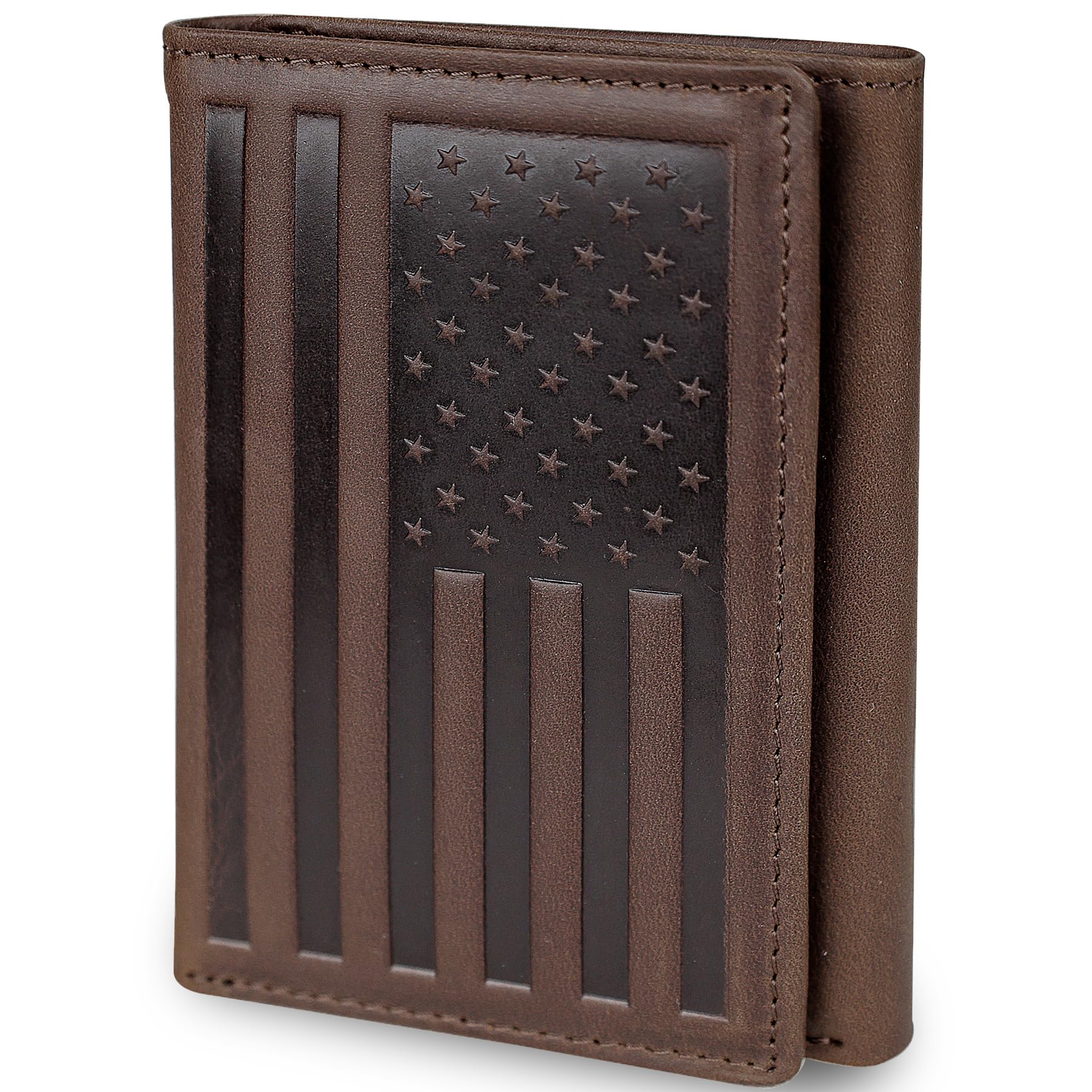 DK86 US Flag Trifold Wallets for Men American Flag Wallet Full Grain Leather Tri-Fold Wallet RFID Blocking (vintage coffee with us flag)