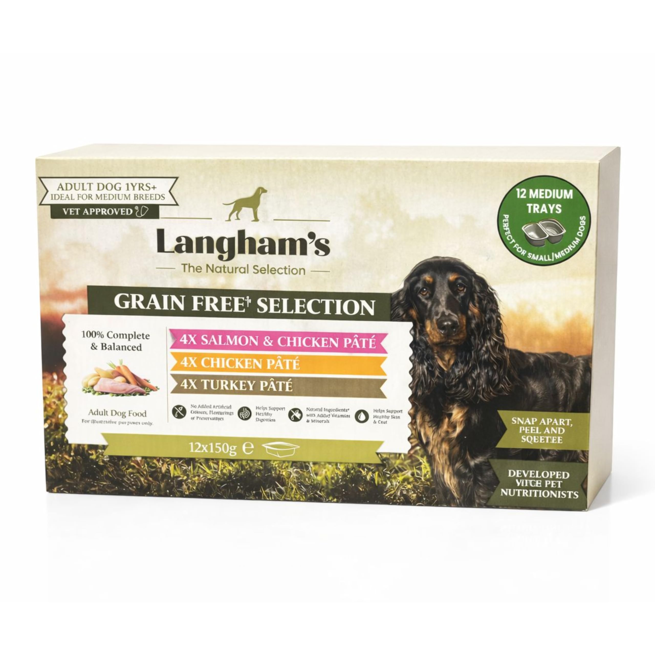 Ark Future Langham's Grain Free Wet Dog Food for Adults | 12 x 150g Trays | Mixed Pâté Selection – Salmon, Chicken & Turkey | Natural, Complete & Balanced Meals | No Artificial Additives