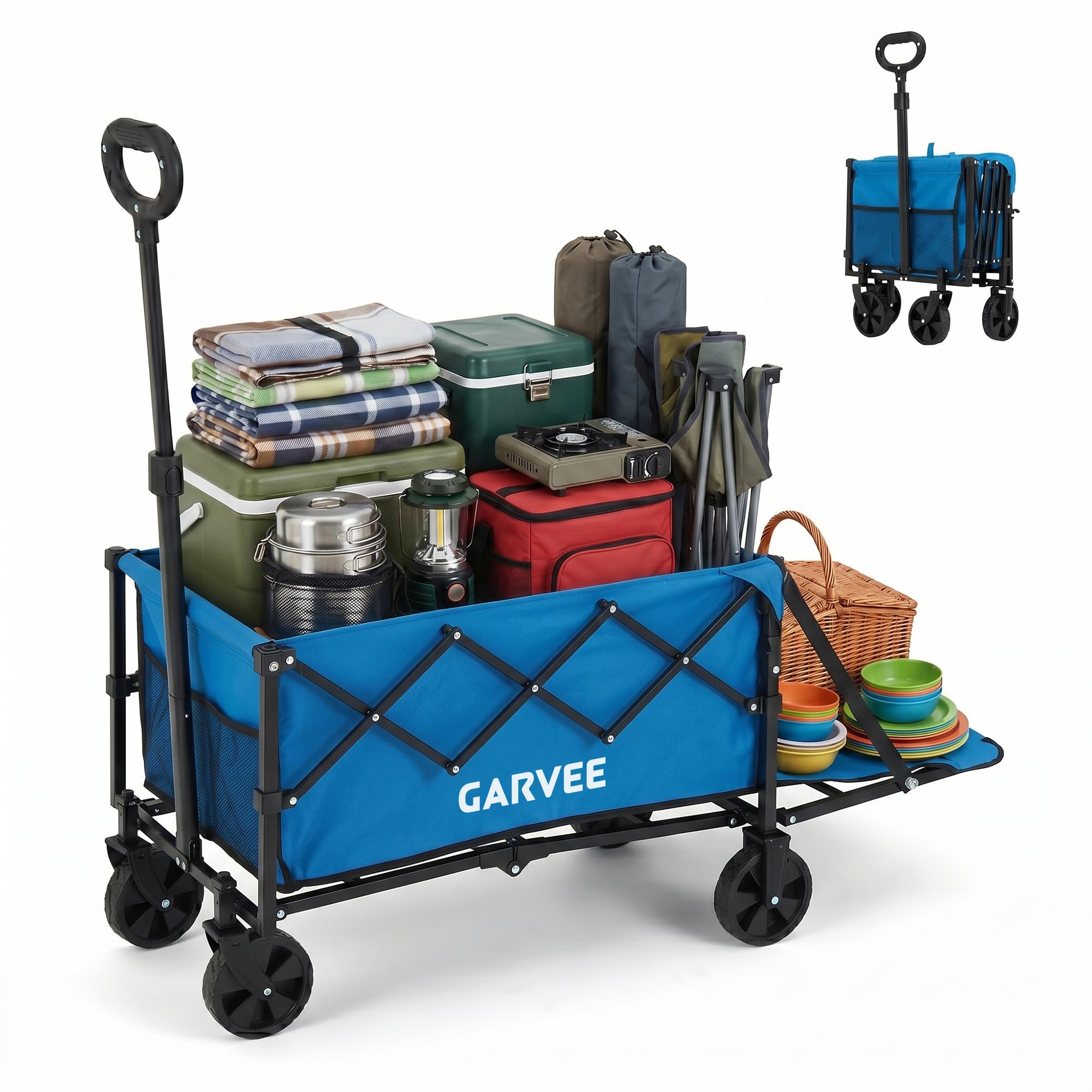 Collapsible Wagon Cart Max 220lb Load & Expandable Storage 120L, Double Bearing Design for Flexible Steering, Foldable Heavy Duty Garden Cart with 2 Cup Holders for Groceries, Garden & Camping-image-24