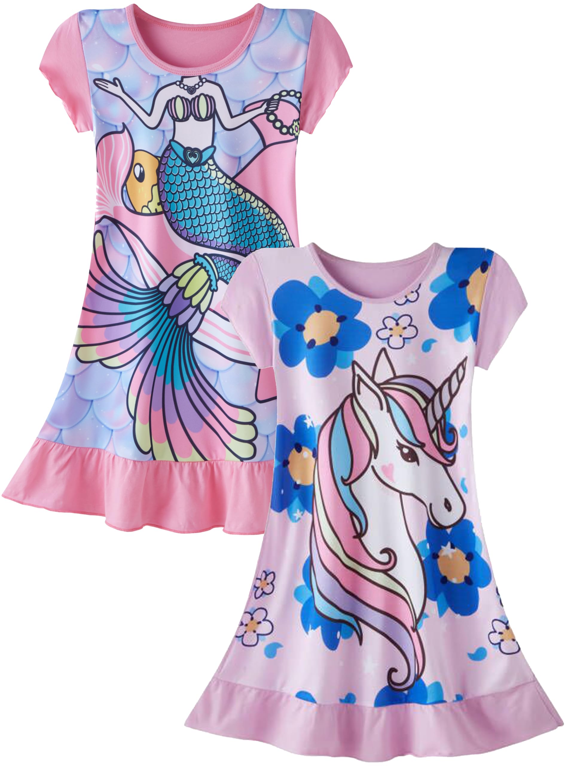 LOLPIP Nachthemden für Mädchen Kleid Kinder Nachthemden Einhorn Nachthemd 2er-Pack 3-10 Jahre