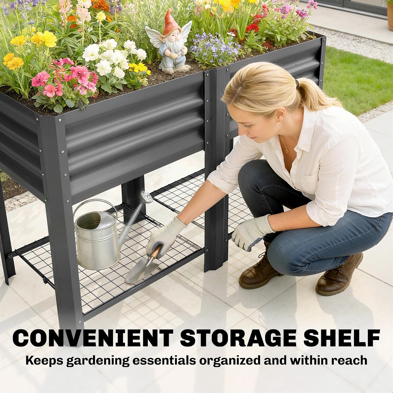 Outsunny Galvanized Steel Raised Garden Bed with Storage Shelf and Bed Liner, Elevated Planter Box with Legs for Flowers, Vegetables, and Herbs, for Outdoor Patio Yard, Glove Included, Dark Gray