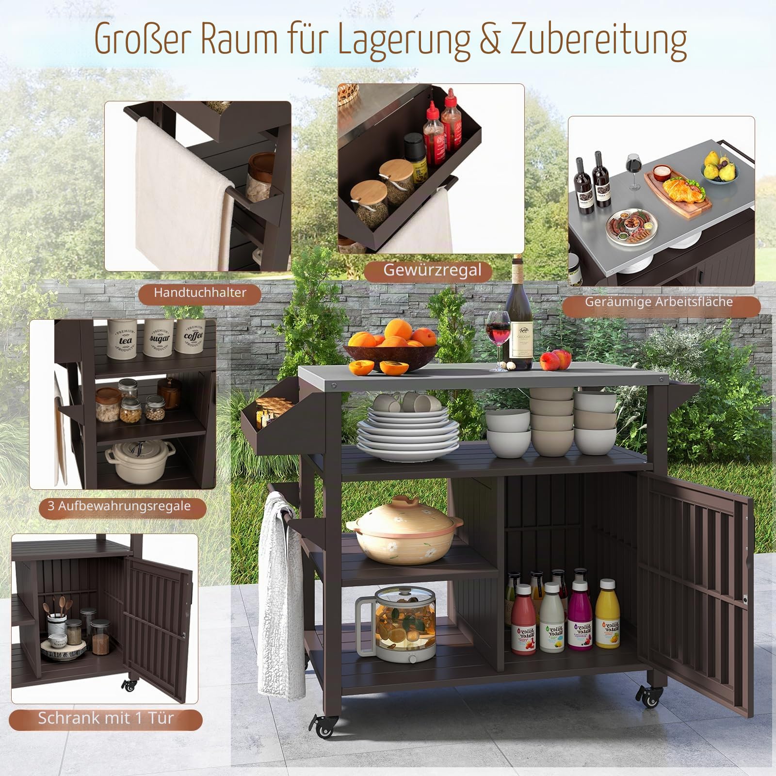 KOMFOTTEU Grillwagen mit 3 Etagen, Servierwagen mit Edelstahlplatte, Grilltisch mit Gewürzregal, Handtuchhalter, Schrank, Beistelltisch für BBQ, Camping, Party, Braun