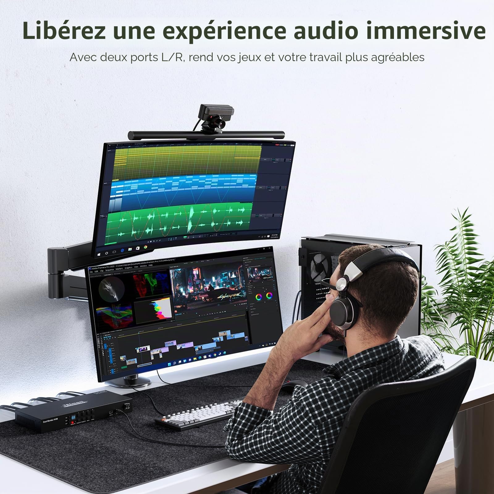 TESmart 4K@60Hz DisplayPort KVM Switch 4 PC 2 Moniteurs, Commutateur KVM 2 écrans avec émulateurs EDID, DCCI, sortie audio G/D, USB 2.0, commutateur à touches de raccourci, avec câble d'entrée