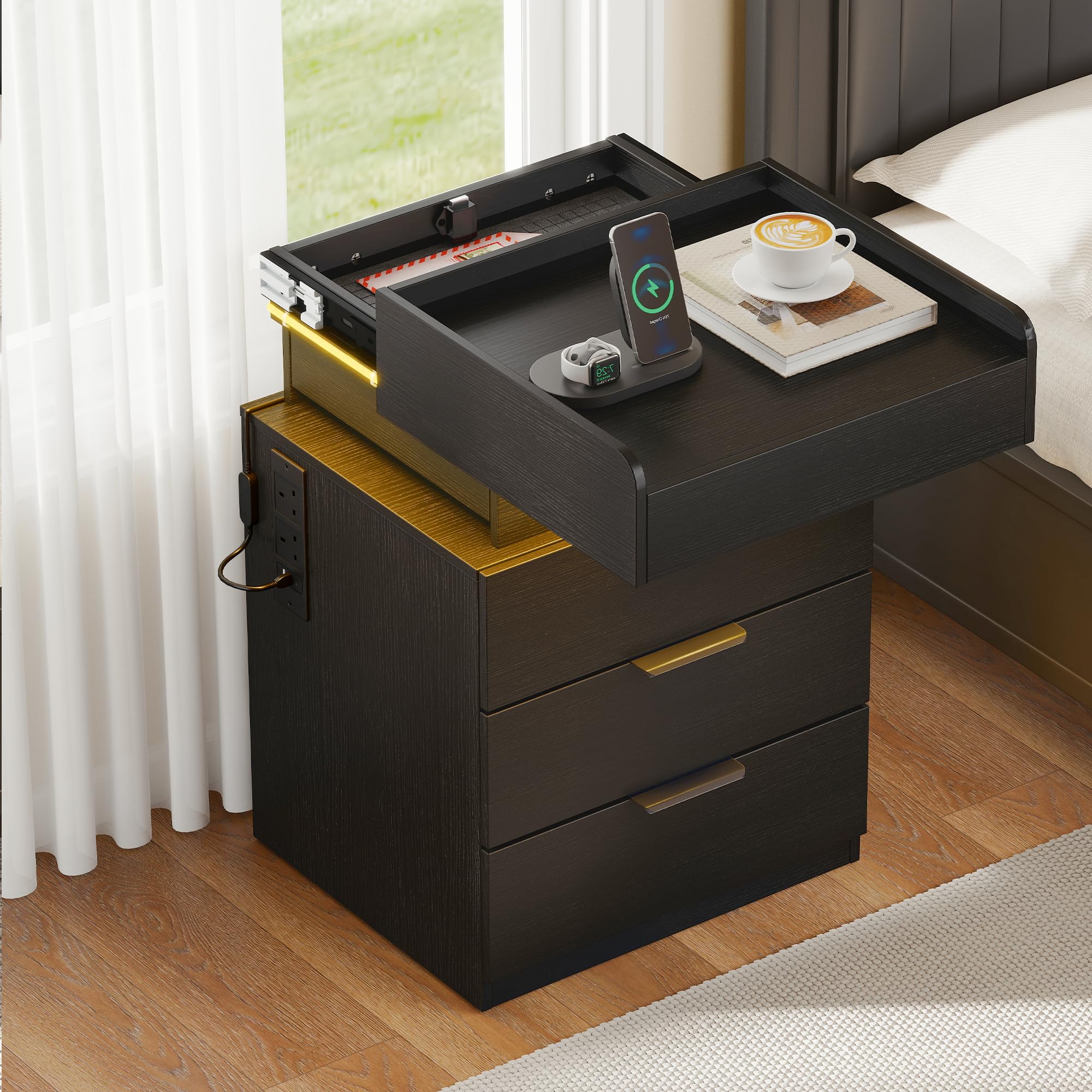 Quikraen Black Bedside Table with Charging Station and Lockable Drawer