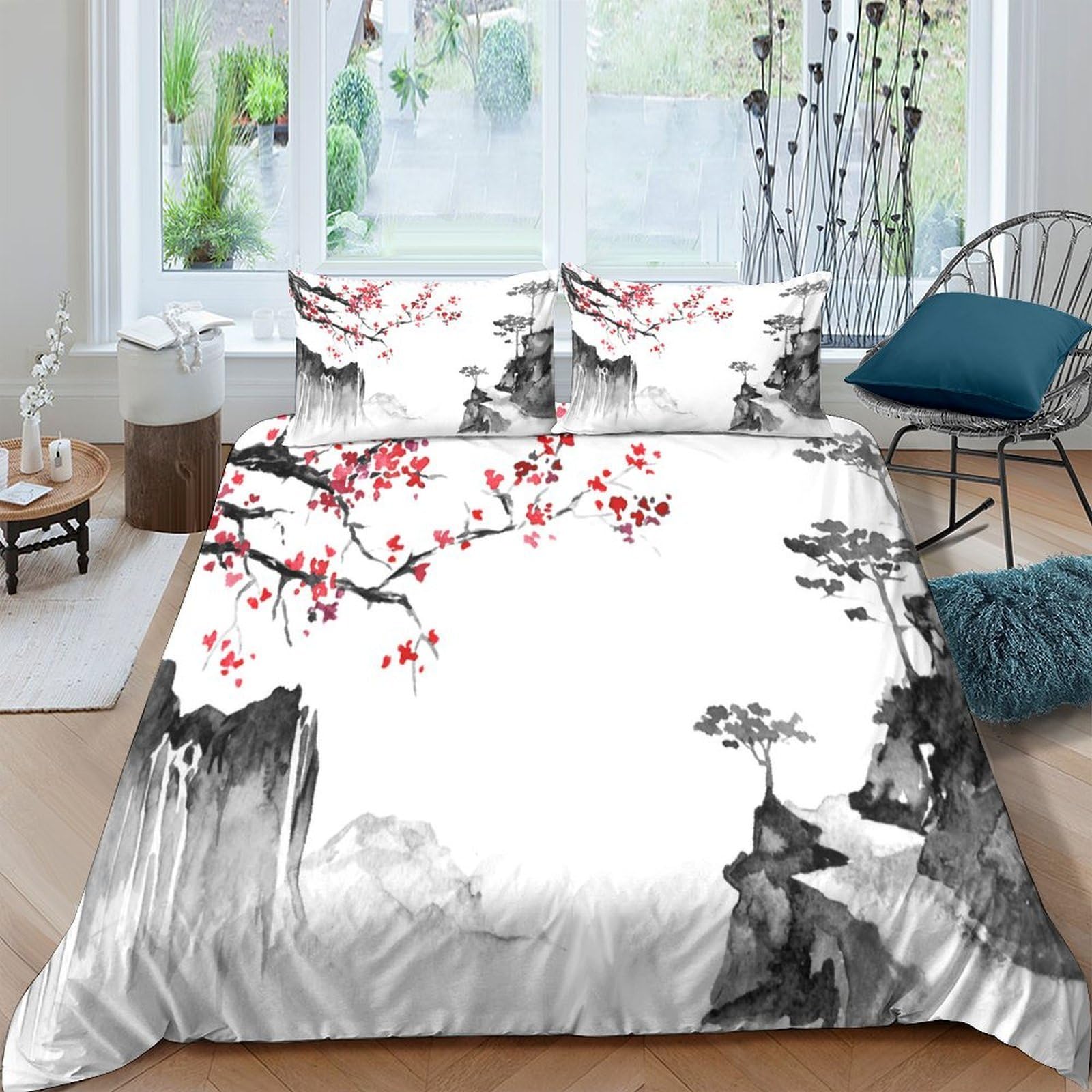 Ctjqhvkz Style-10 3D Printed Cherry Blossom Landscape Fitted Sheet Microfiber Soft Art Mountain Bed Cover For Bedroom Dorm Decor Single（135X200cm）