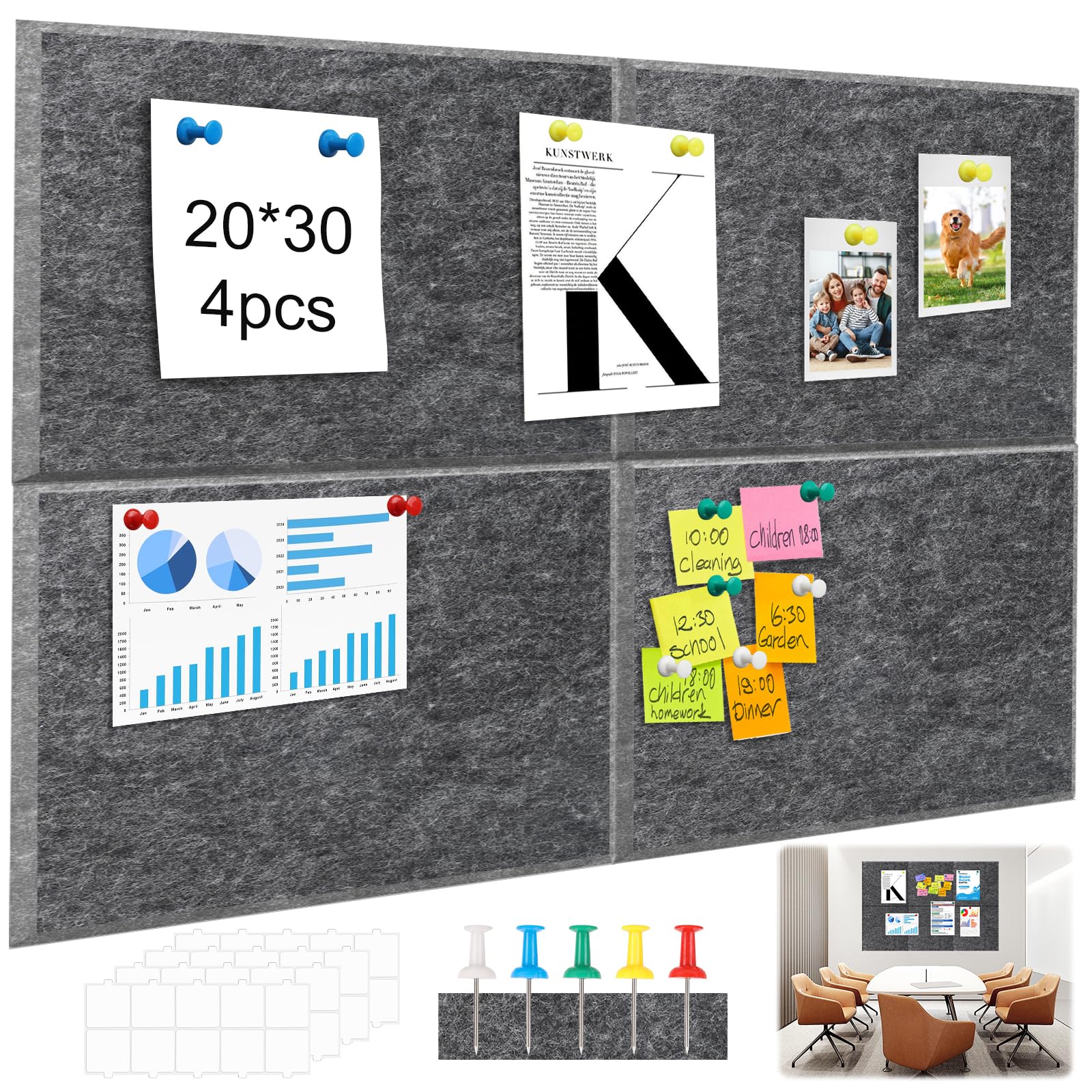 Hexizexi Cork Board Alternative 60x40cm Felt Board 4 Pcs 20x30cm Dark Gray
