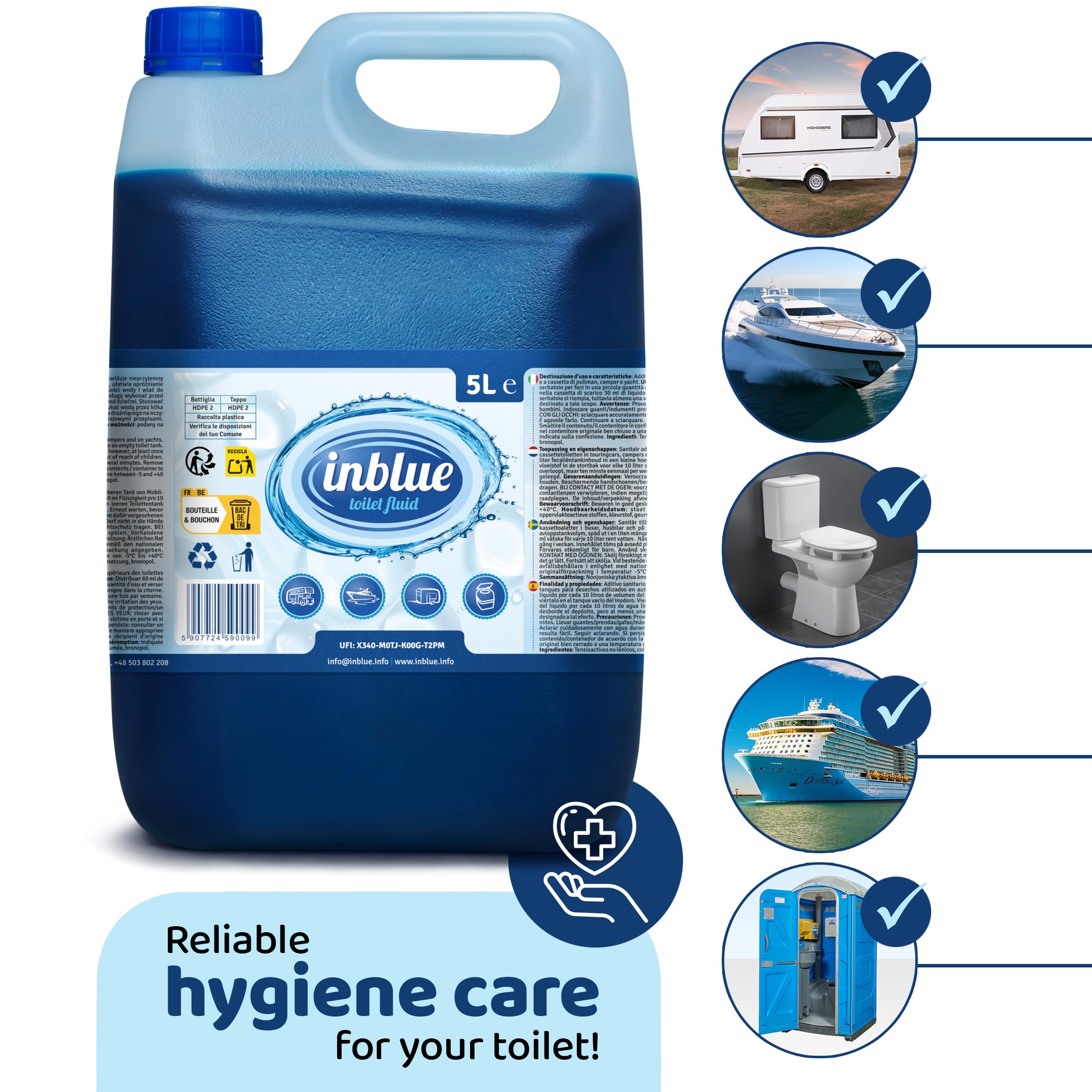 InBlue 5L Liquido Sanitario & Additivo WC da Campeggio 2 in 1 | Chimico WC, Per serbatoio acque chiare & scarico, Camper e roulotte