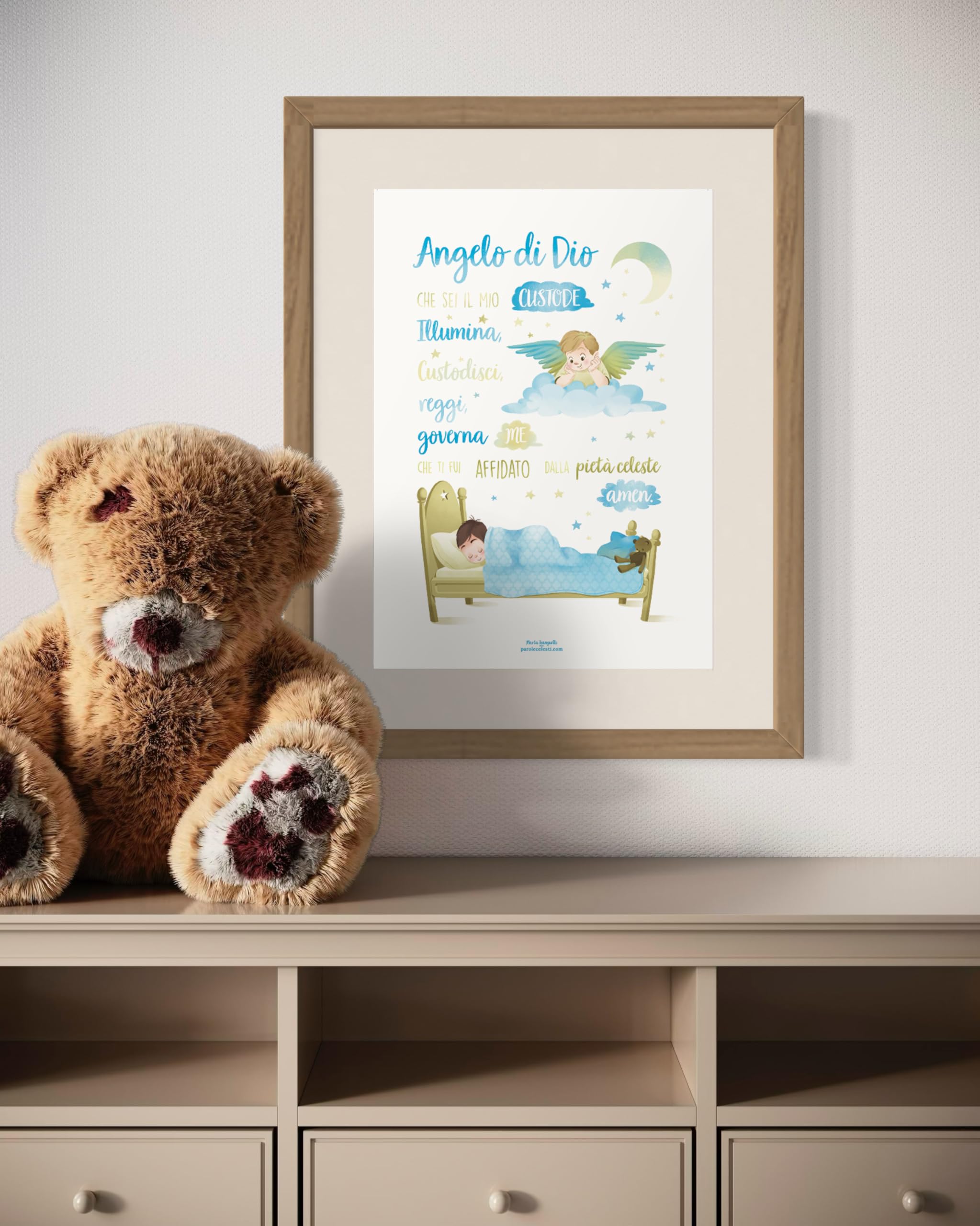 Parole Celesti - Stampa dell'Illustrazione della Preghiera dell'Angelo di Dio - Testo Calligrafico - Decoro per Cameretta - Poster per cameretta - quadretto da Appendere - Wall Art (Blu)