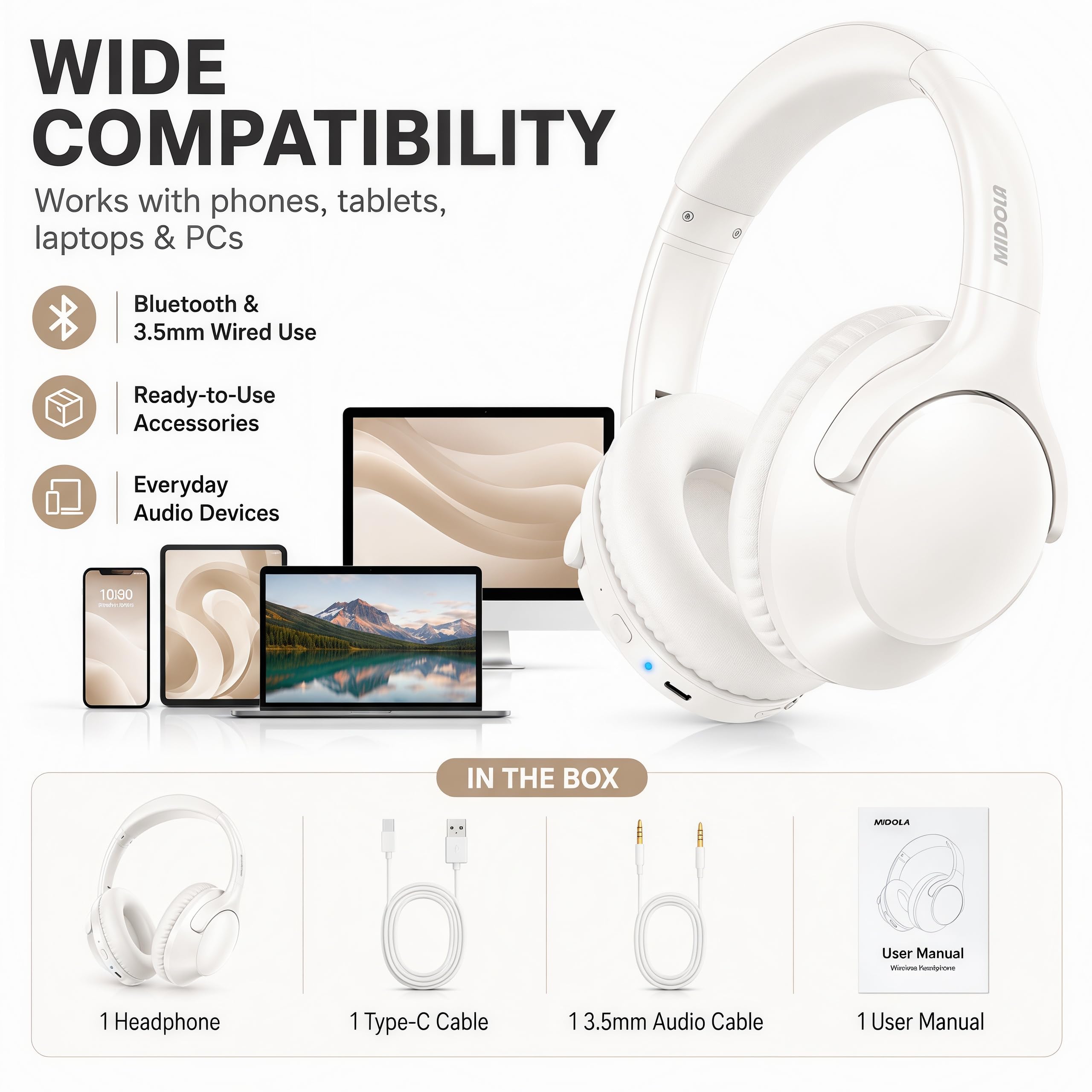 MIDOLA Bluetooth-Kopfhörer, Over-Ear-Kopfhörer, 68H, Spielzeit, 6 EQ, kabelloses Headset mit Mikrofon, HiFi-Stereo, faltbar, leicht, tiefer Bass, für Reisen, Zuhause, Büro, Handy, Weiß