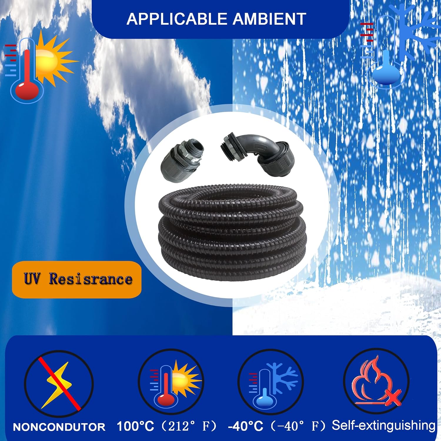(1/2" Dia * 25 Feet) Yariwiz Black Special Extra Flexible Electrical Conduit Liquid Tight PVC Conduit Kit with 3 PCS Coupling, 3 PCS Elbow and 7 PCS Strap, Sealtight Seal Flex Liquidtight Wire