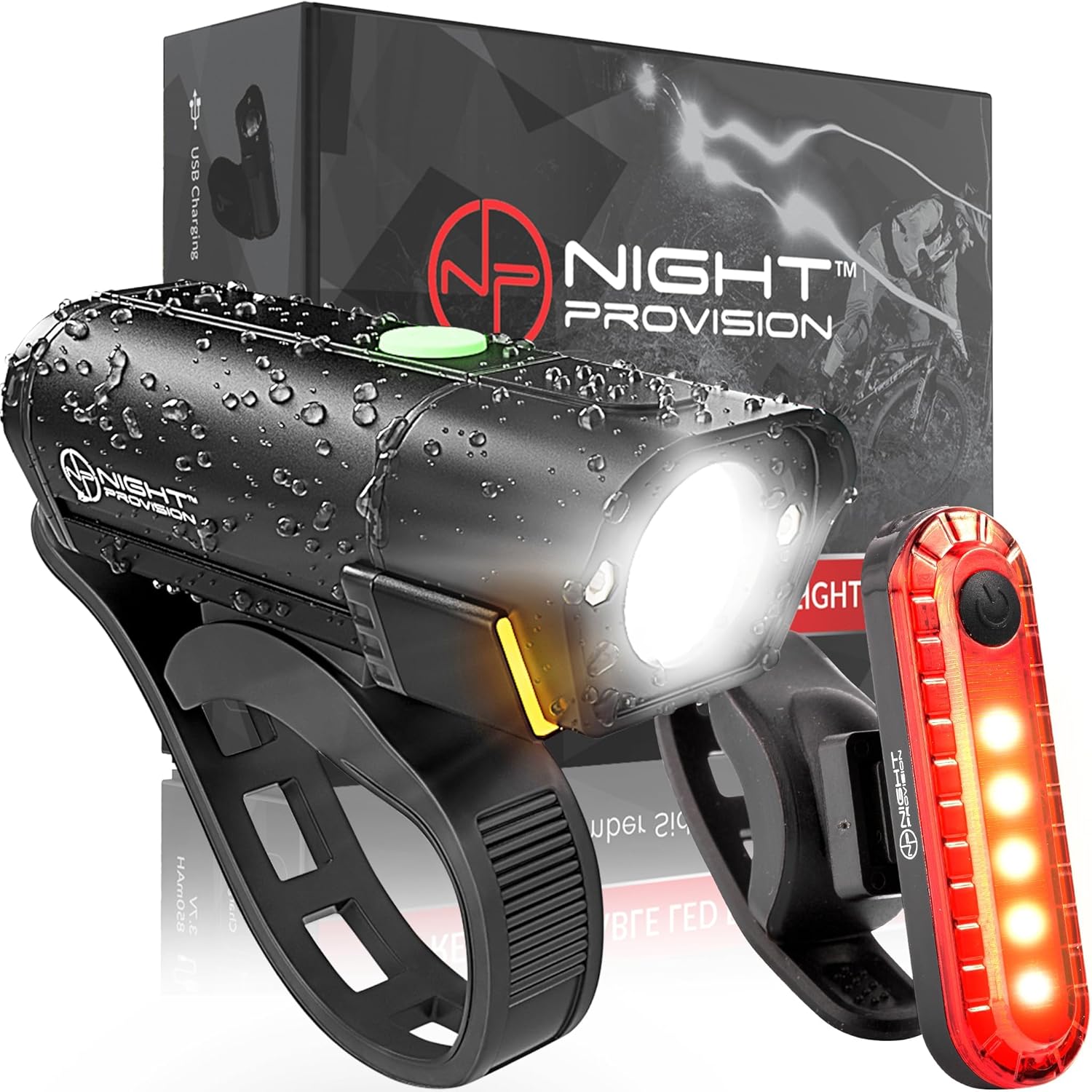 NPNIGHTPROVISION BX-500 540 Lumens USB-C Bike Lights Front & Rear - Waterproof Rechargeable Headlight Taillight Set for Night Riding Safety