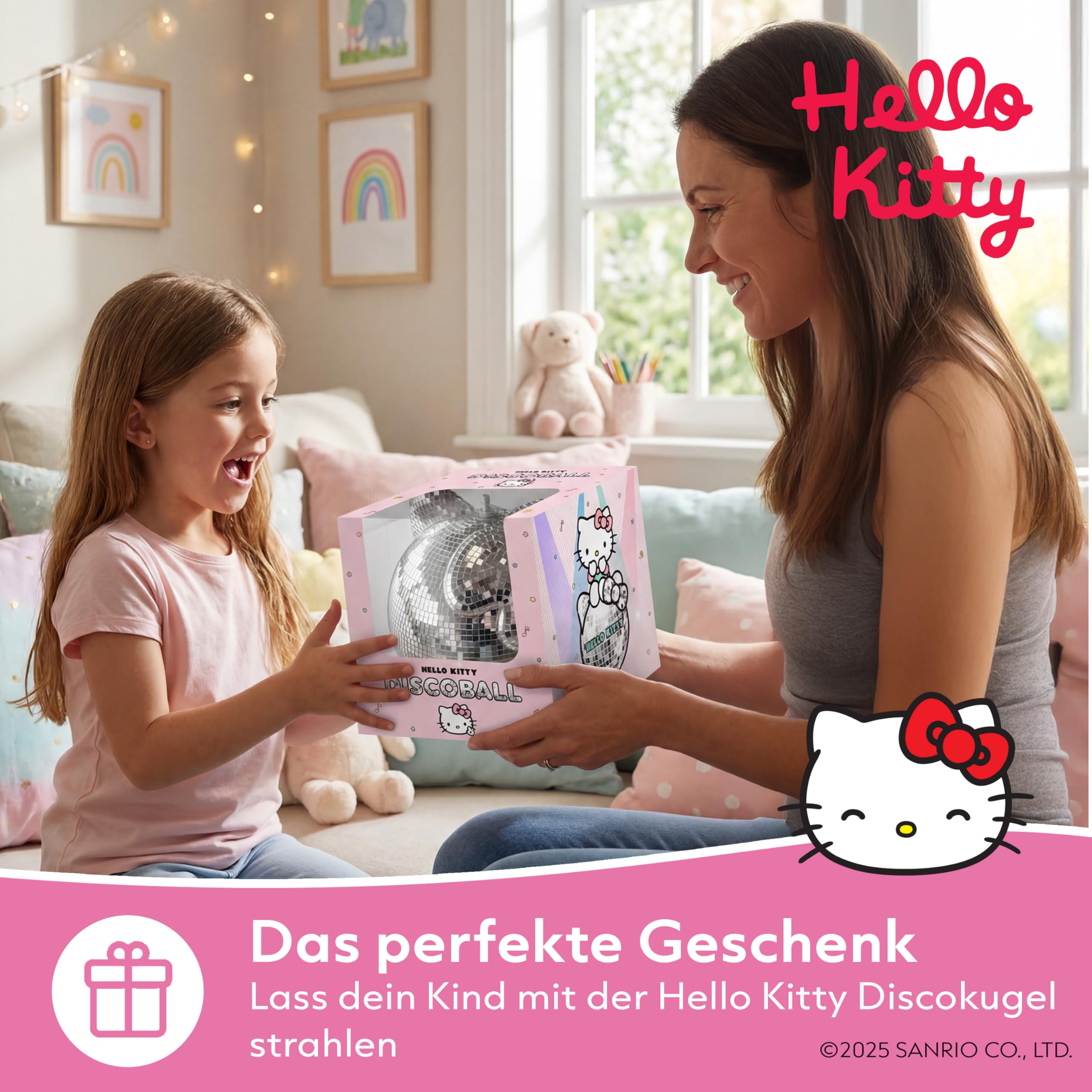 Hello Kitty Discokugel | Party Deko Kugel mit Spiegel Effekt | Disco Licht für Kinderzimmer und Geburtstag | 25x25x27CM | Mini Discokugel Deko für innen und außen