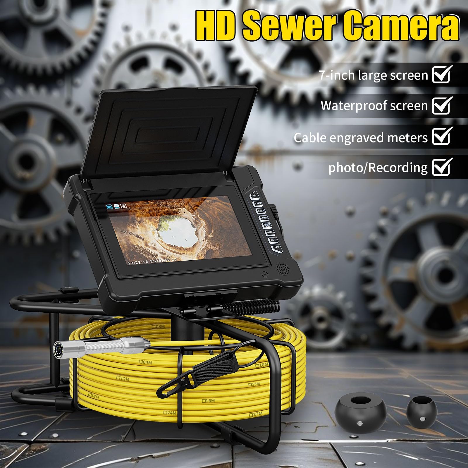 Kamera Kanalizacyjna, Inspekcja Rur Odpływowych Z Funkcją DVR I 8 Diodami LED, Boroskop 17 Mm, Hydraulika, Endoskop 7" 1080P IPS, Karta 16 GB, Do Kanalizacji, Odpływów, Kanałów, Hydra(Size:30 M/98 FT)