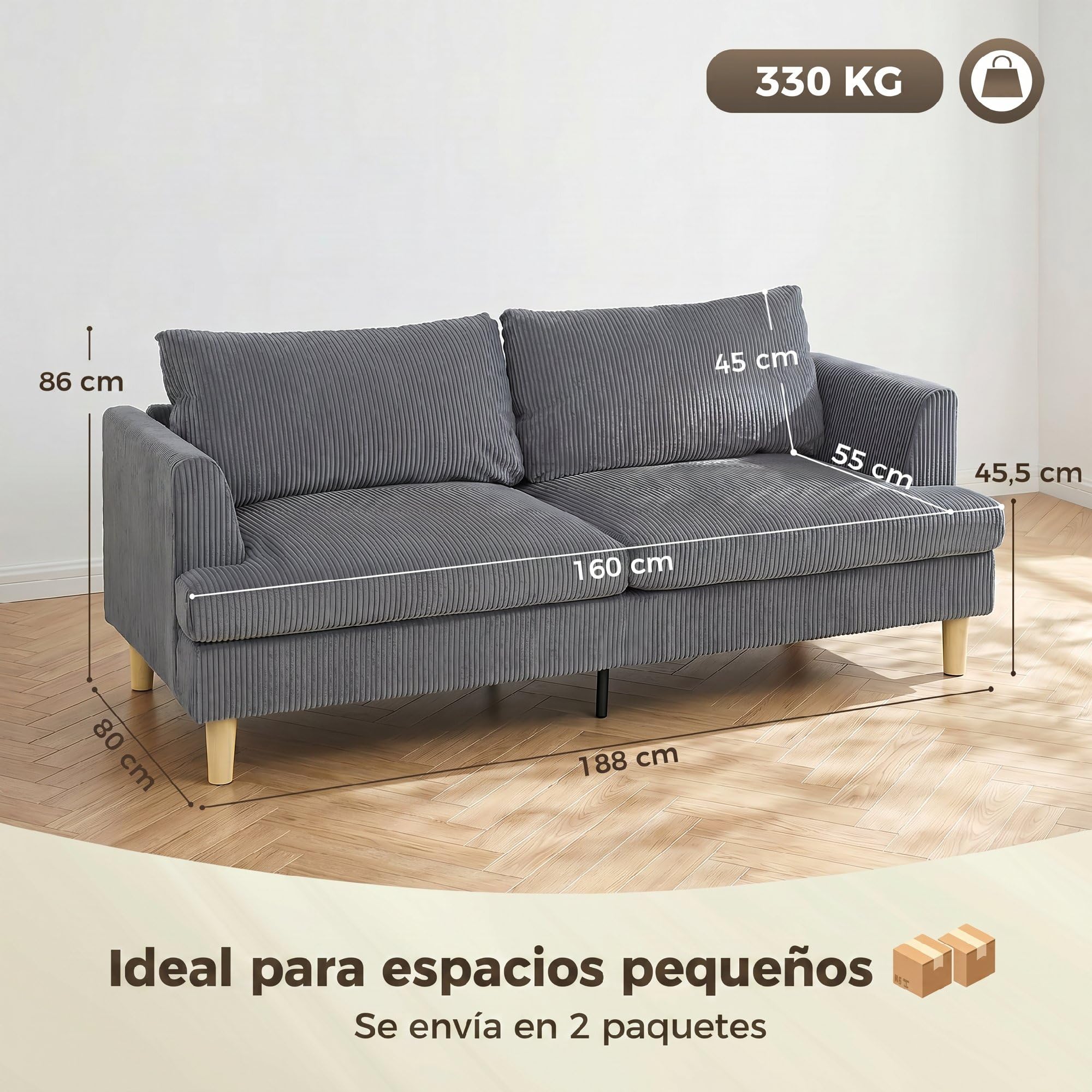 HOMCOM Sofá de 3 Plazas, Sofá de Salón Moderno, 188x80x86 cm, Tapizado en Pana, Acolchado Grueso de Muelles, Asiento Ancho, Reposabrazos, Fácil Montaje, 2 Almohadas, Gris Oscuro