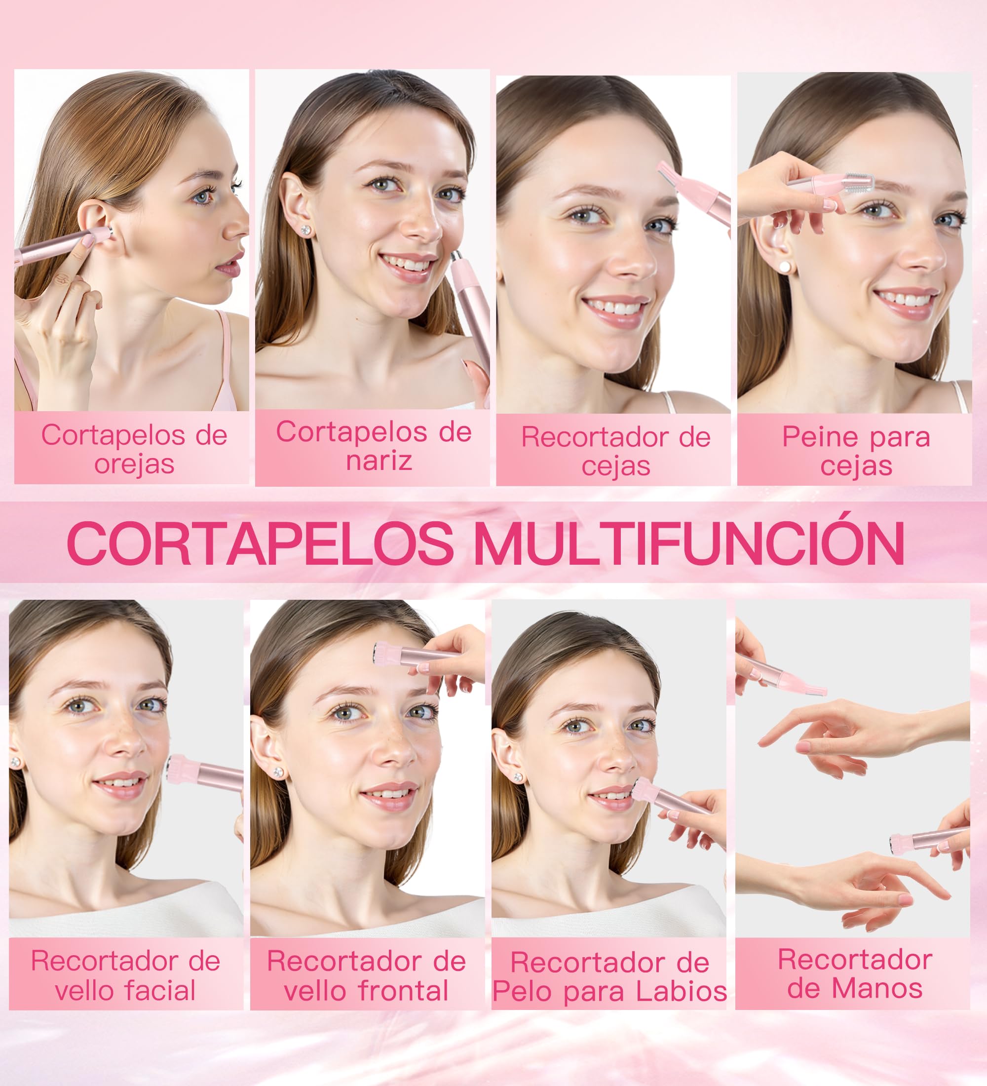 HEBECA Recortadora de vello nasal para mujer 3 en 1 - Recargable, impermeable, portátil con bolsa de viaje - Recorta nariz, oídos, cejas, vello fino, labios, barbilla, eliminador de vello facial (Rosa