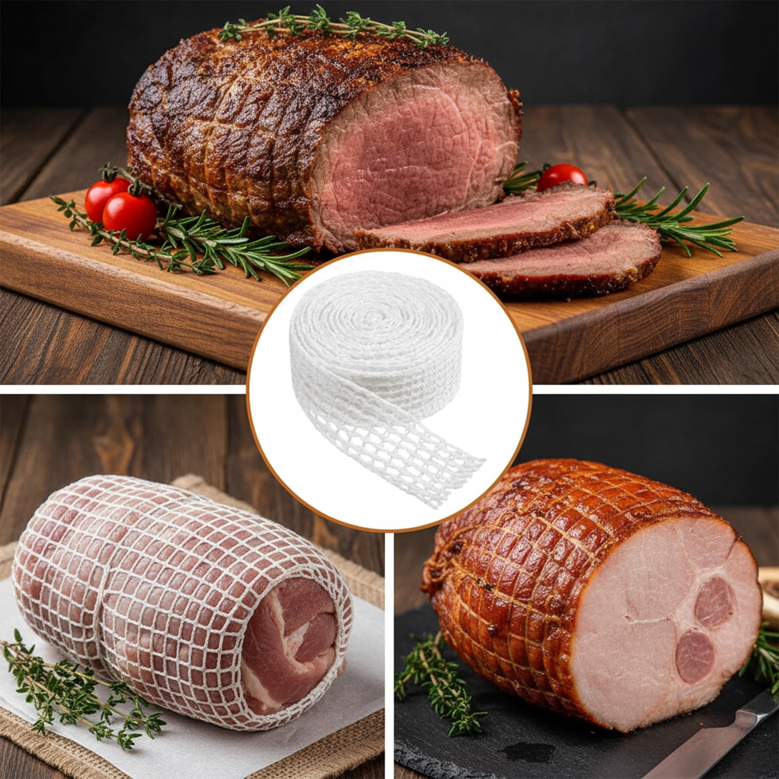 JJUNW Red de jamón blanca, red de jamón de 5 m para ahumar, 16 agujeros, red de carne, red elástica, red para asar, para almacenar, colgar, hornear, cocinar, jamón, salchicha de carne