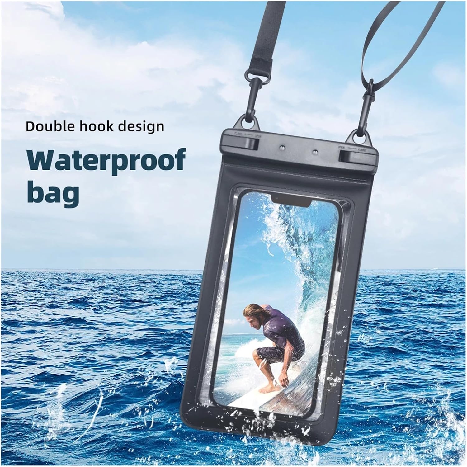 Double Hook Waterproof Phone Bag, Panoramic Transparency, Touchable Design, Suitable for Swimming, Drifting, Rowing, Skiing and Other Scenes(Black)
